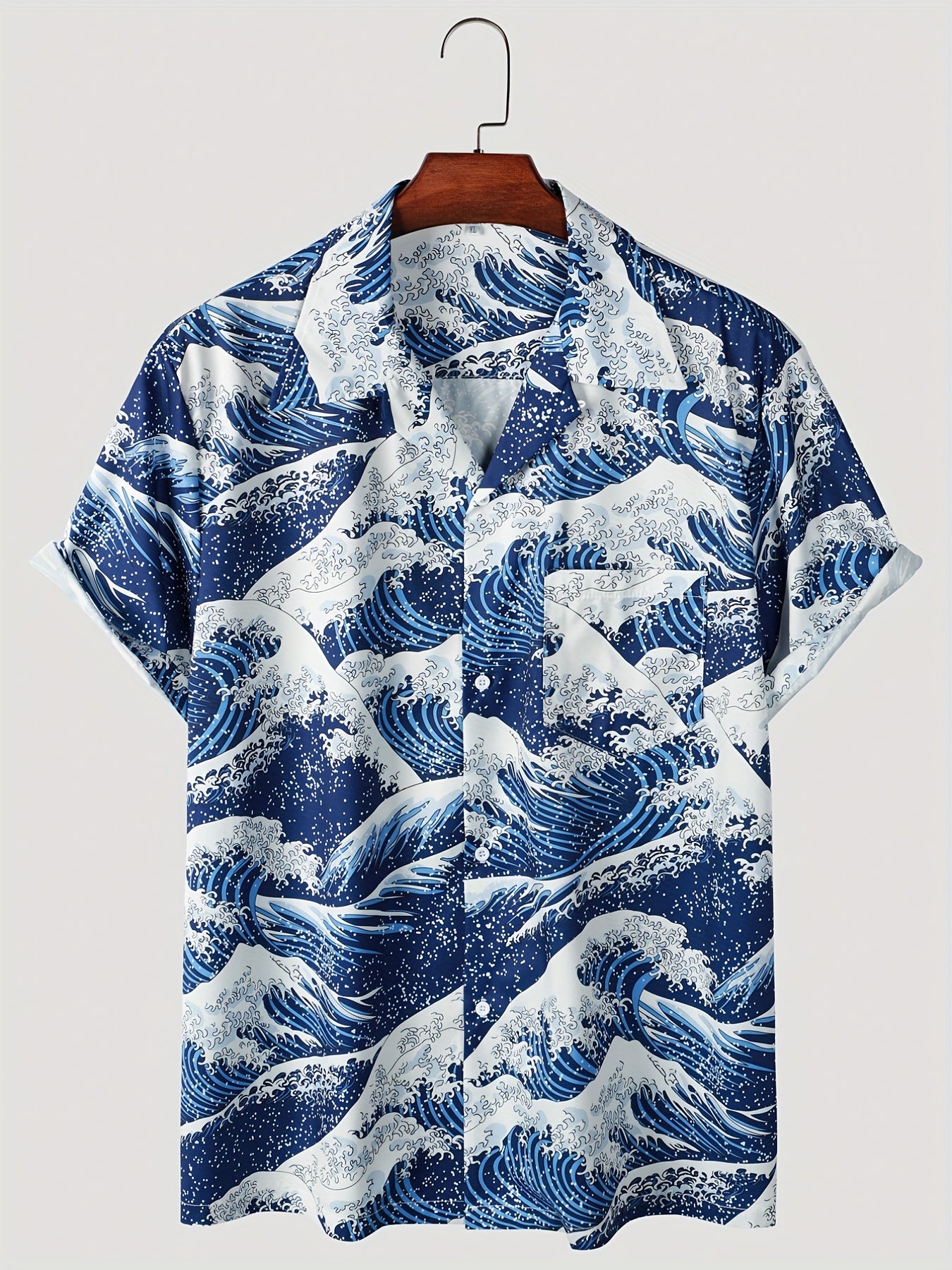 Sea Waves Full Pattern, Men's 2 Piece Outfits, Revere Collar Short Sleeve Hawaiian Shirt & Drawstring Loose Trendy Shorts Sets, Mens Clothes