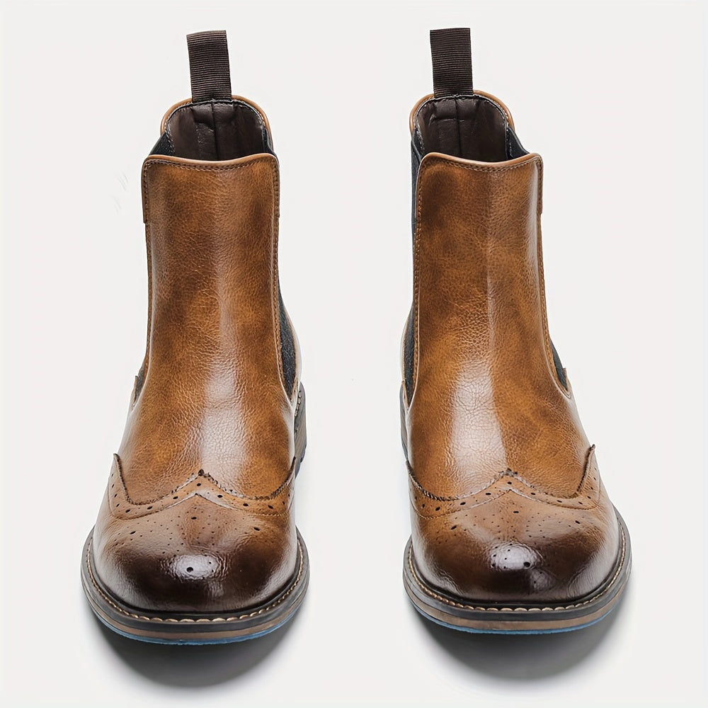 Mens Premium Brogue Slip-On Chelsea Boots - Stylish & Comfortable Ankle Footwear with Classic Round Toe - Perfect for Everyday Versatility