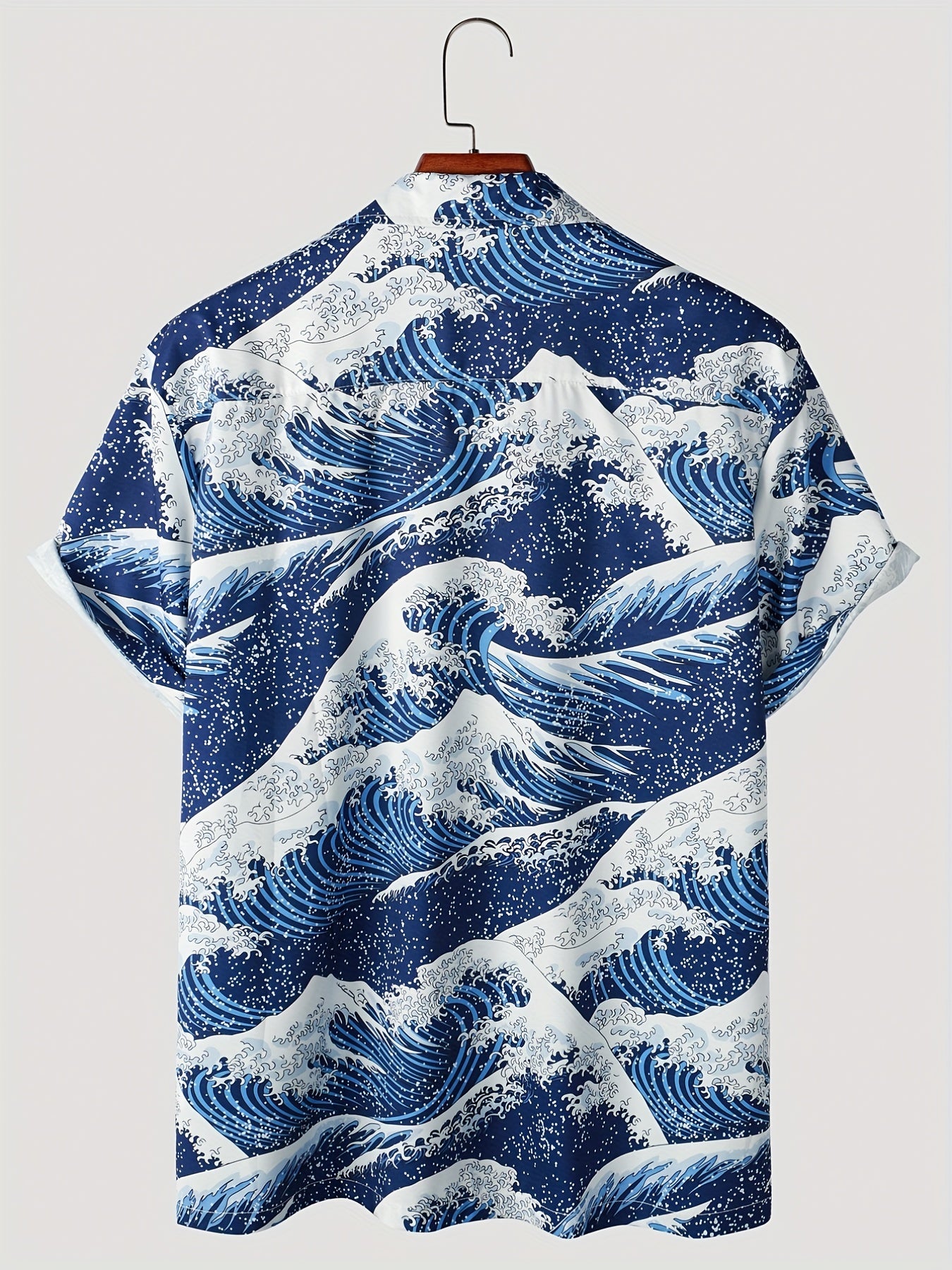 Sea Waves Full Pattern, Men's 2 Piece Outfits, Revere Collar Short Sleeve Hawaiian Shirt & Drawstring Loose Trendy Shorts Sets, Mens Clothes
