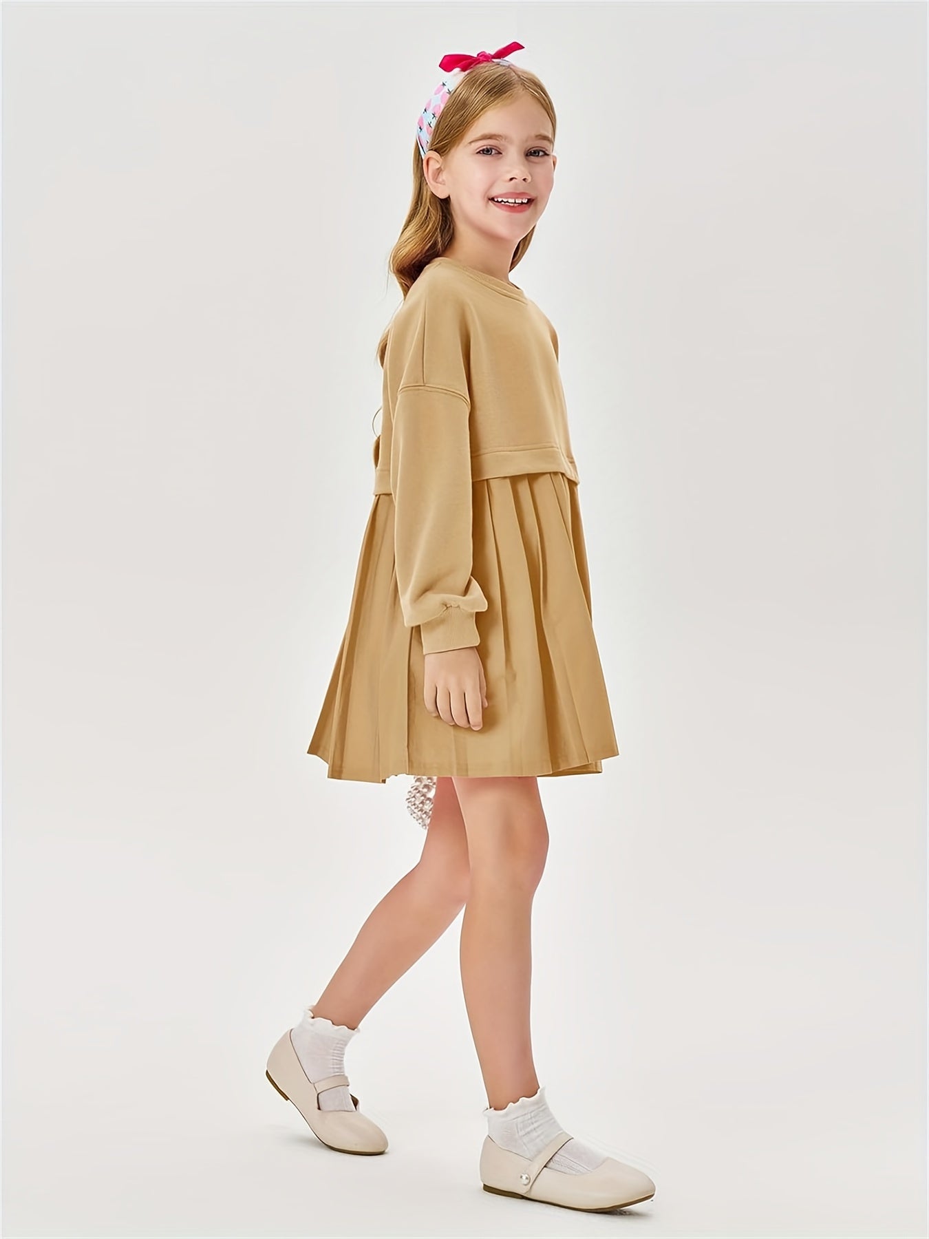 Girls Pleated Sweatshirt Dresses Kids Fashion Long Sleeve Crew Neck Mini Dress