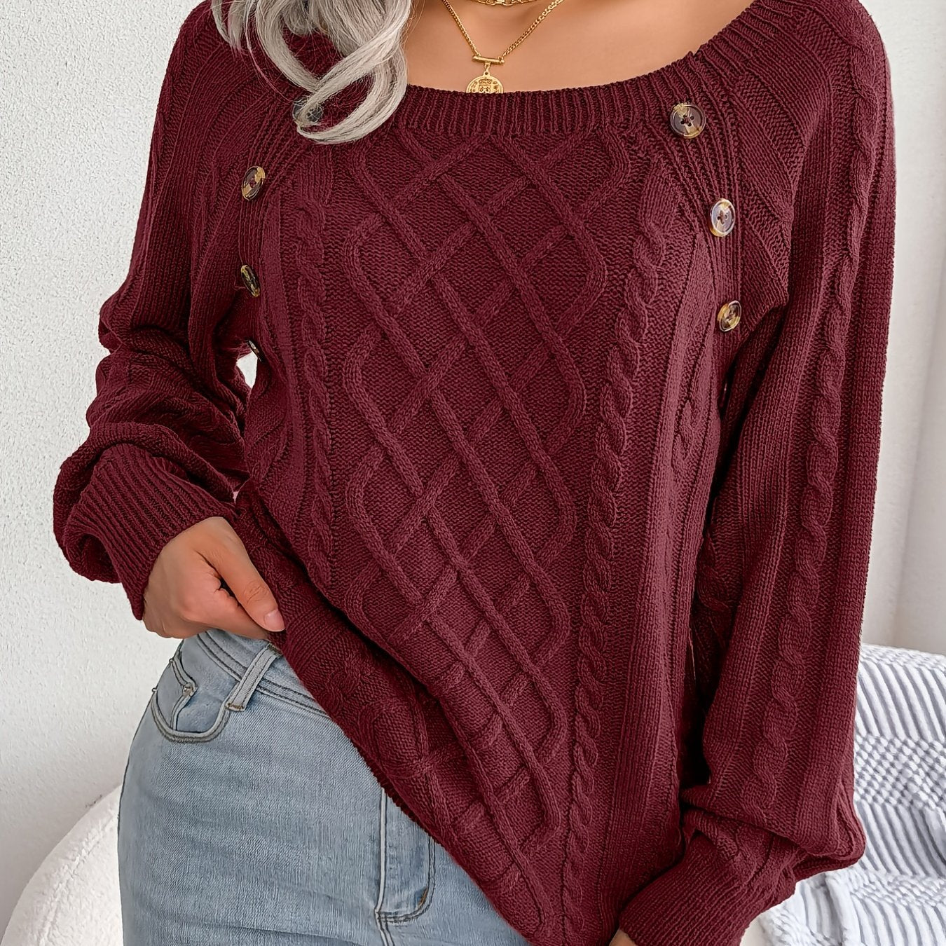 Texture Button Lantern Sleeve Sweater - Women's Round Neck Sweater