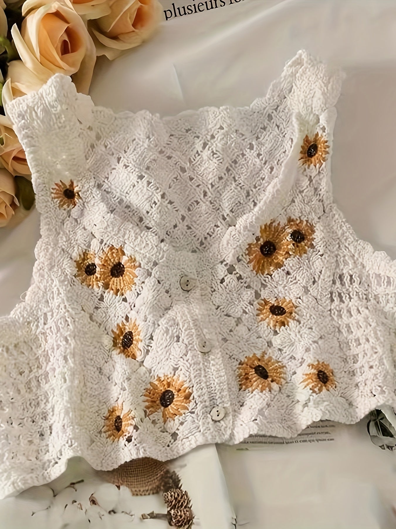 Girls Bohemian Style Knitted Cropped Cardigan Vest, Floral Embroidery With Button Detail, Kids Fashion Outerwear