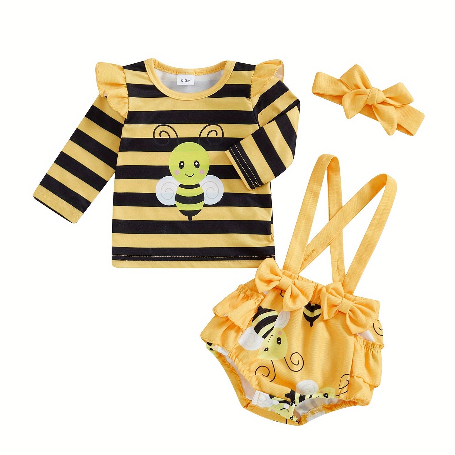 Baby Girl Fall Outfits Stripe Bee Print Long Sleeve Romper Suspender Shorts Headband 3Pcs Clothes Set 0 3 6 12 18 Months