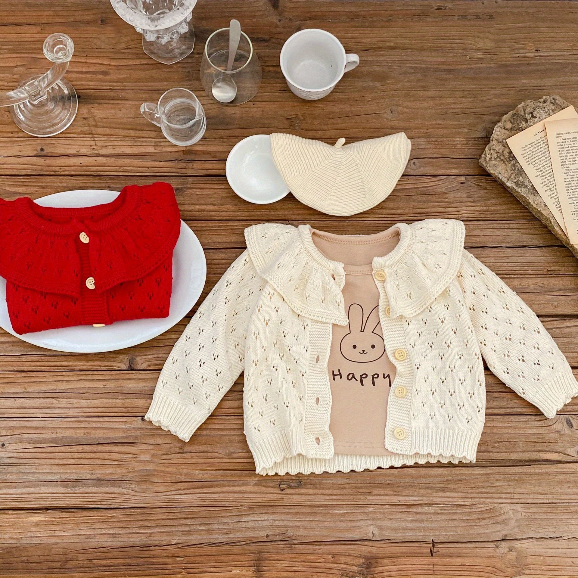 Girls' Jacquard Knit Ruffle Collar Button Long Sleeve Sweater Coat for Fall/Winter Outfits