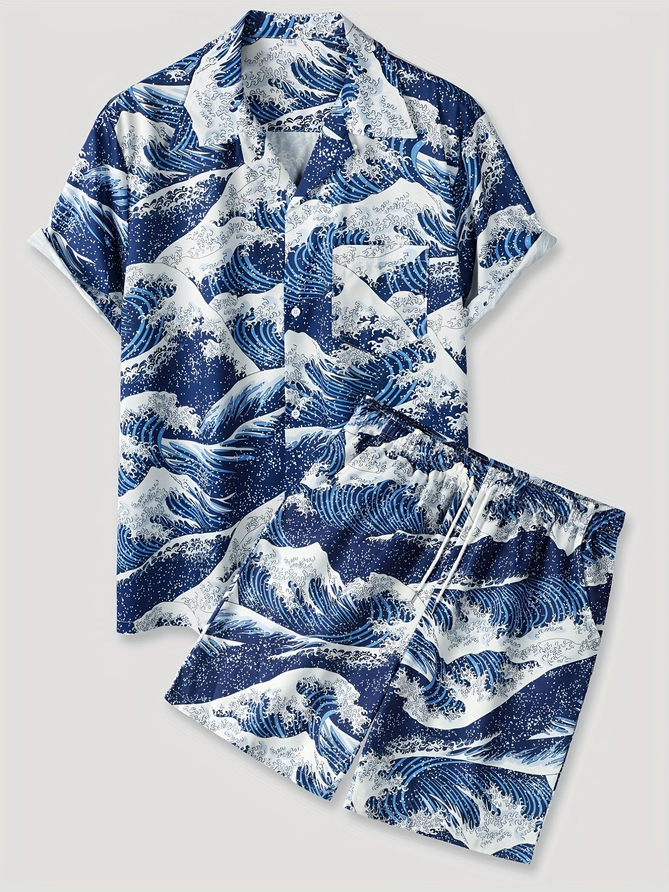 Sea Waves Full Pattern, Men's 2 Piece Outfits, Revere Collar Short Sleeve Hawaiian Shirt & Drawstring Loose Trendy Shorts Sets, Mens Clothes