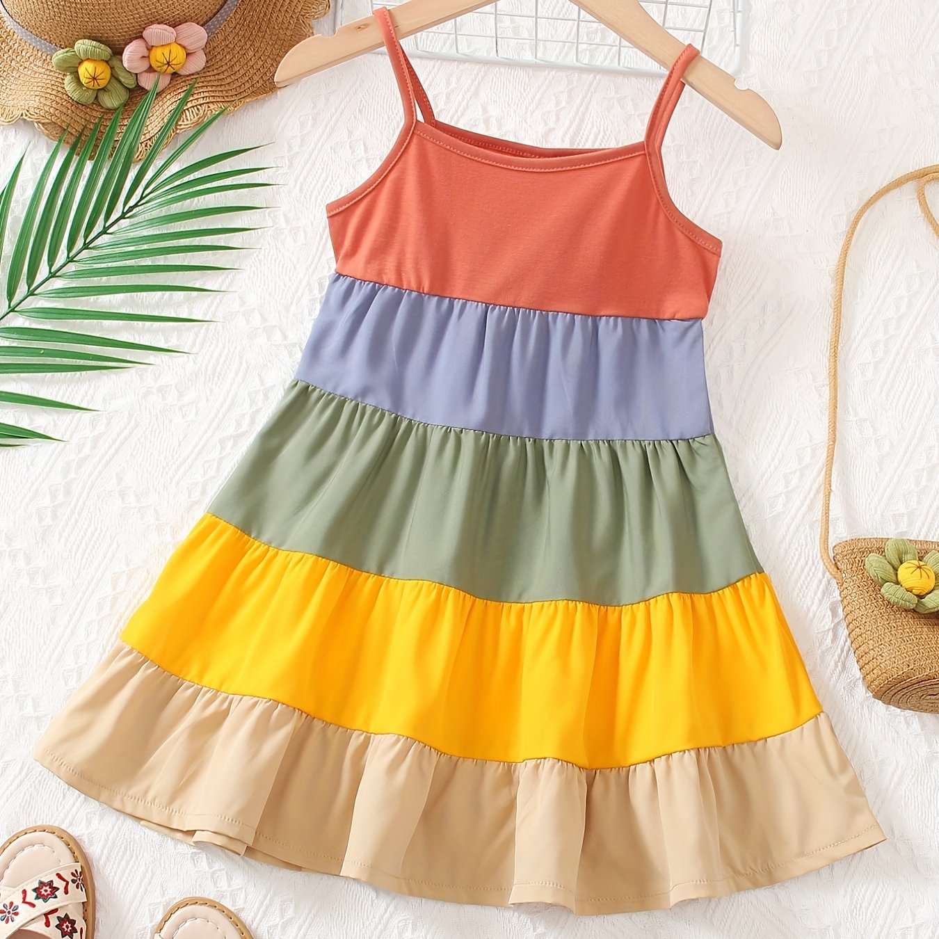 Girls Casual Rainbow Thin Strap Dress Clothes For Summer