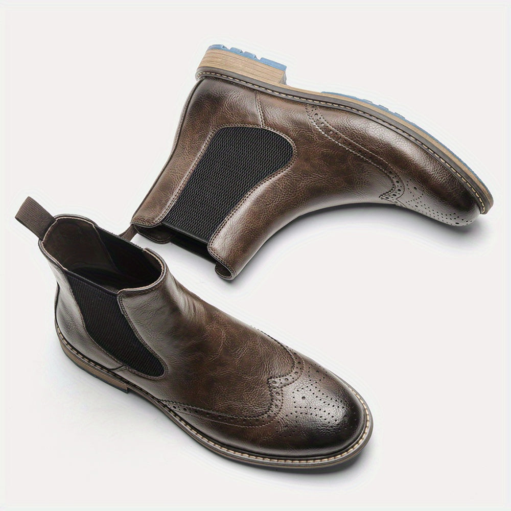 Mens Premium Brogue Slip-On Chelsea Boots - Stylish & Comfortable Ankle Footwear with Classic Round Toe - Perfect for Everyday Versatility