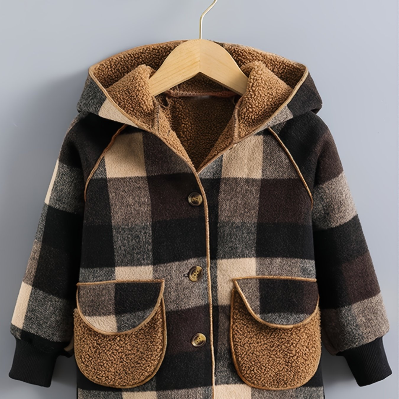 [Cozy Boys' Plaid Jacket] Cozy & Durable Boys' Fleece-Lined Plaid Jacket | Button Front, Pockets & Hood - Long Sleeve Casual Winter Coat for Fall/Winter, Brown & Black Checkered Pattern, Outerwear