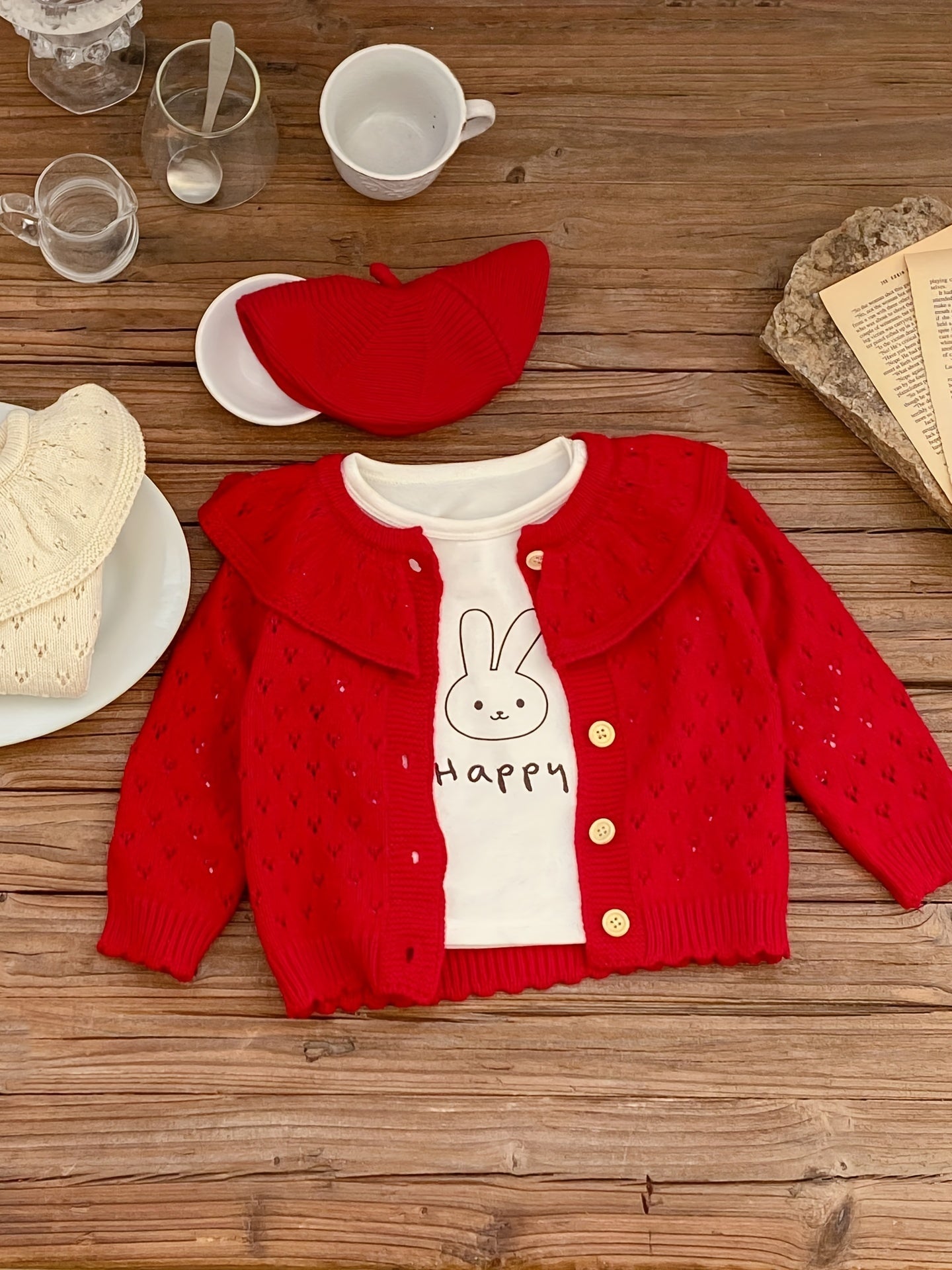 Girls' Jacquard Knit Ruffle Collar Button Long Sleeve Sweater Coat for Fall/Winter Outfits