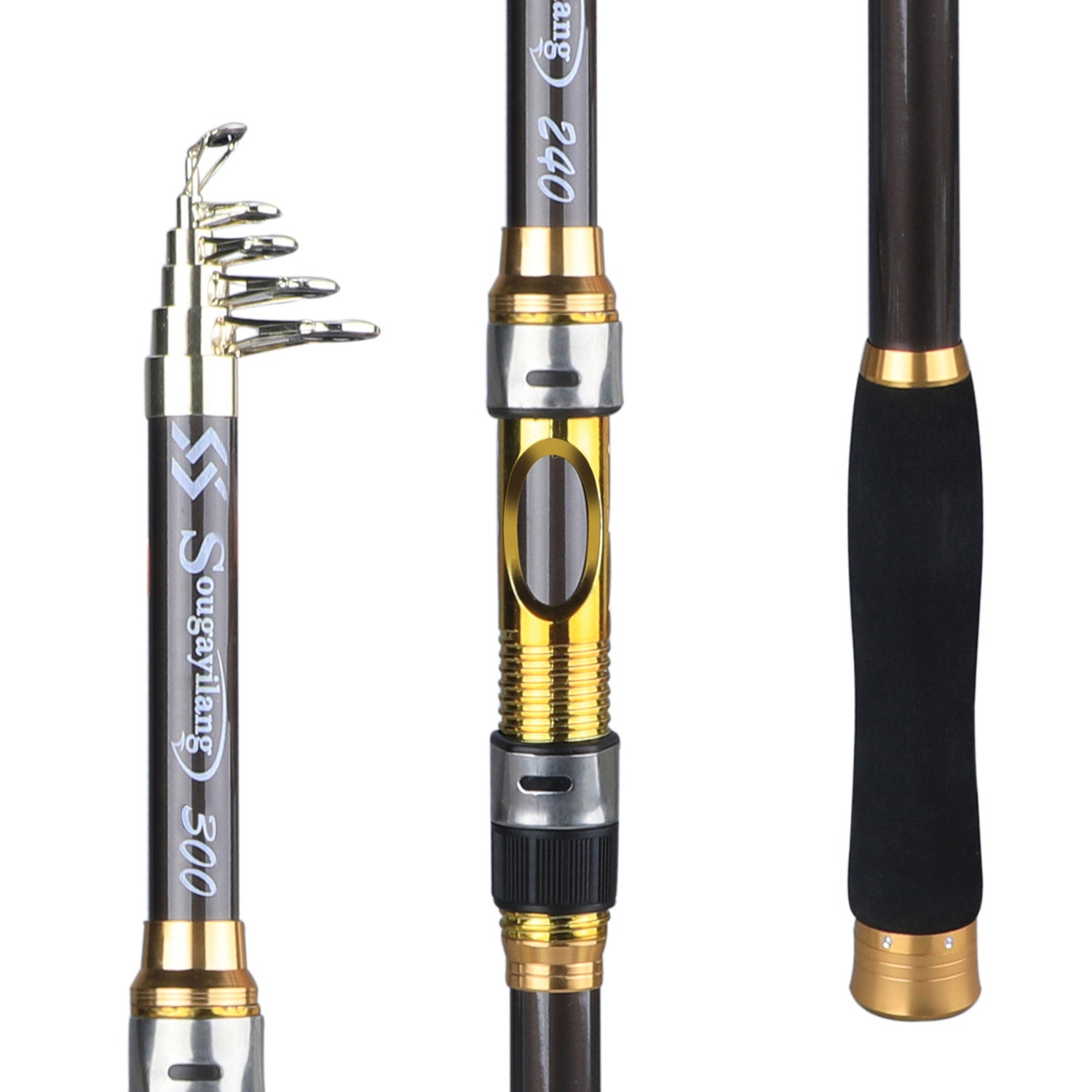 [Quality Construction] Sougayilang Ultralight Carbon Fiber Spinning Fishing Rod - Portable, Medium Action, 6.72-9.84ft Extendable Length, Black & Golden with Comfort Grip Handle - Ideal for All Anglers