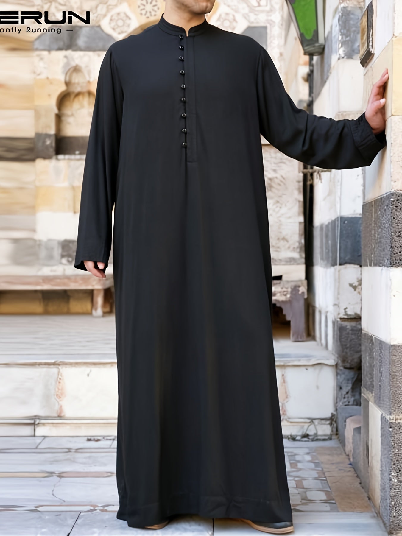 INCERUN Mens Solid Color Long Sleeve Off the Shoulder Thin Thobe Stand Collar Casual Burqa - Polyester Woven Fabric, Regular Fit, Spring Season, Non-Stretch, No Sheer - Perfect for Ramadan, Eid Al-Adha Celebrations