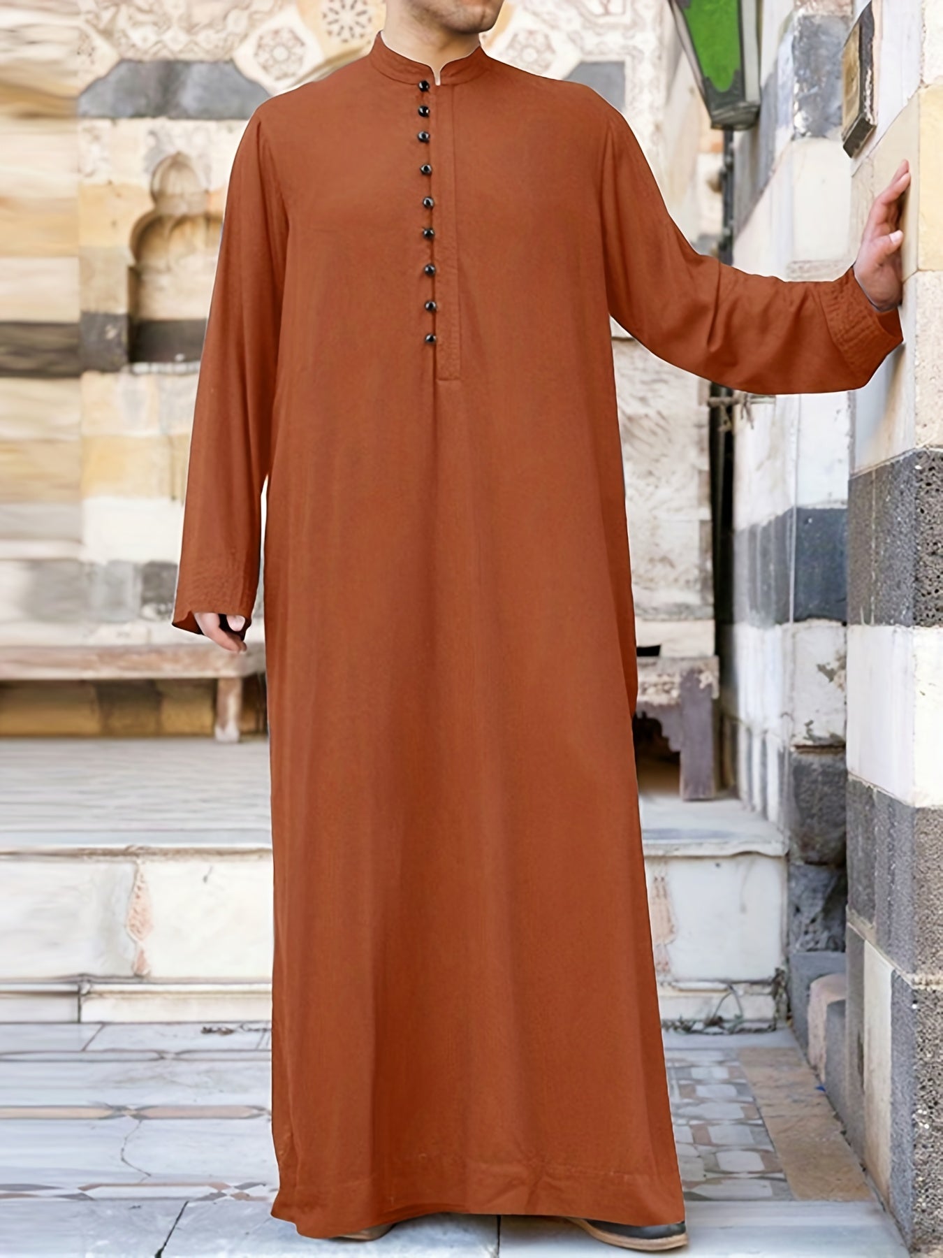 INCERUN Mens Solid Color Long Sleeve Off the Shoulder Thin Thobe Stand Collar Casual Burqa - Polyester Woven Fabric, Regular Fit, Spring Season, Non-Stretch, No Sheer - Perfect for Ramadan, Eid Al-Adha Celebrations