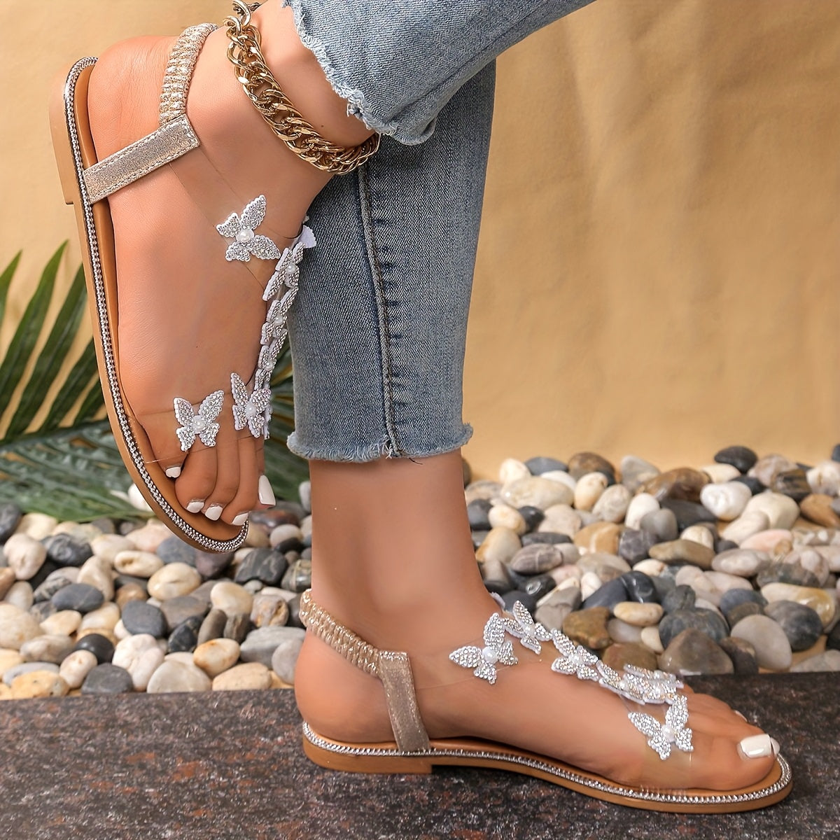 Women’s Elegant Rhinestone Butterfly Flat Sandals - Open Toe, Elastic Ankle Strap, Summer Comfort Shoes with Sparkling Crystal Design, Beige Tan Color, Perfect for Casual or Dressy Occasions, Ladies Shoes