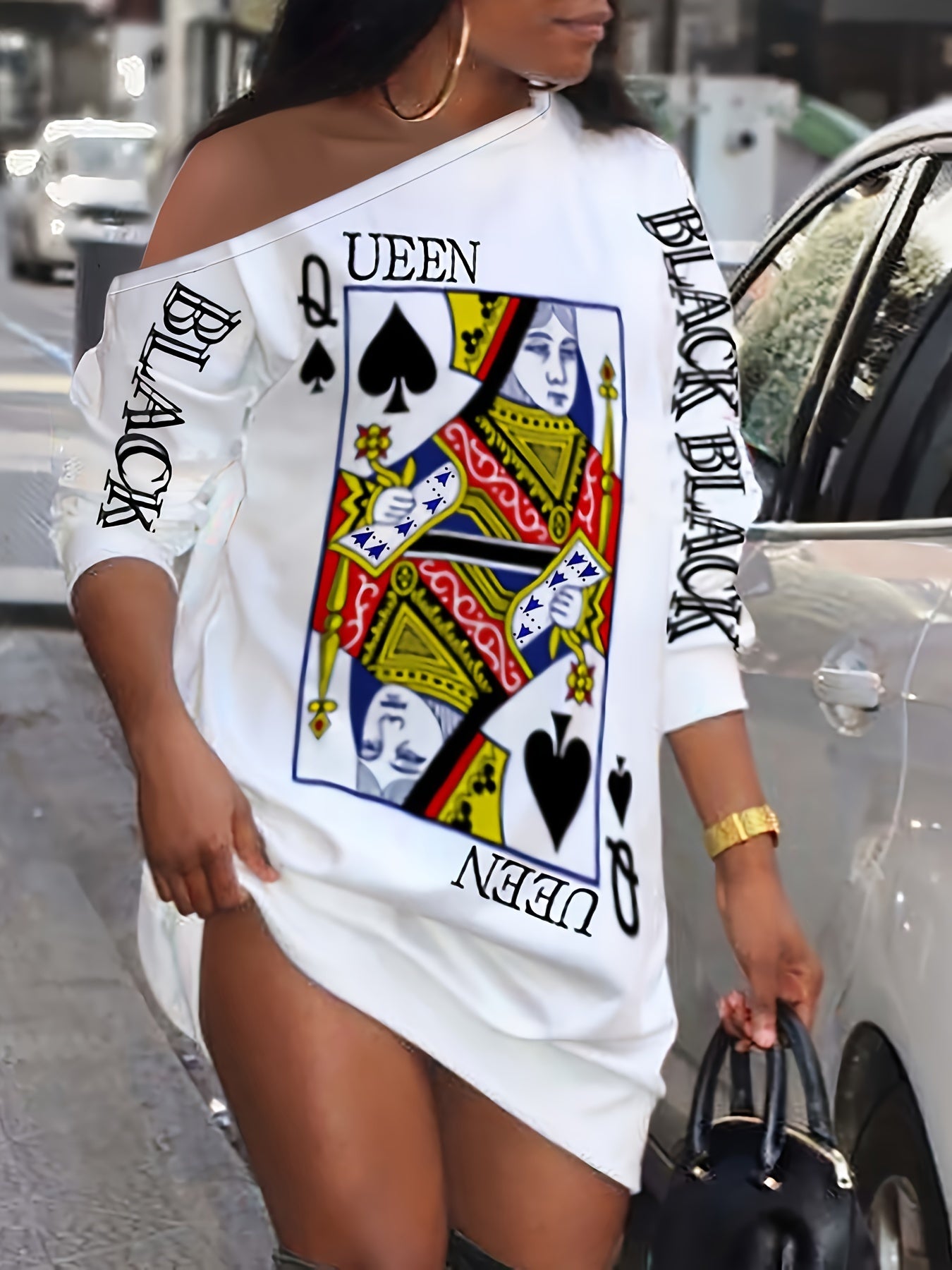 Slant Shoulder Queen Poker Print Dress, Long Sleeve Casual Dress For Fall & Spring, Women's Clothing