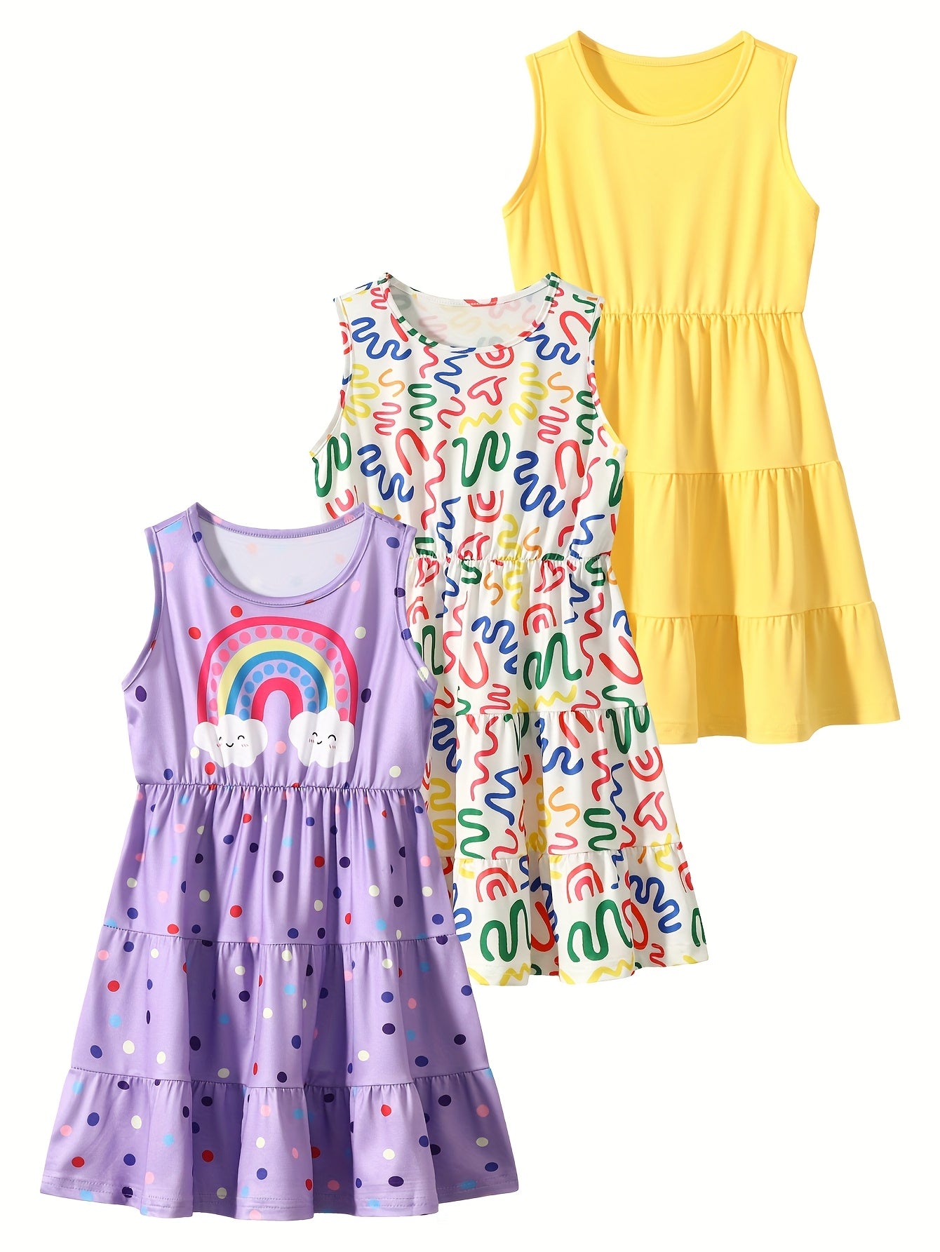 [Girls Sleeveless Dresses] 3pcs Girls' Sleeveless Dresses - Vibrant Rainbow & Candy Pattern, Yellow Tiered Ruffle Dress, Purple Polka Dot with Rainbow & Clouds Design - Perfect for Summer, Parties, and Casual Outings, Party D