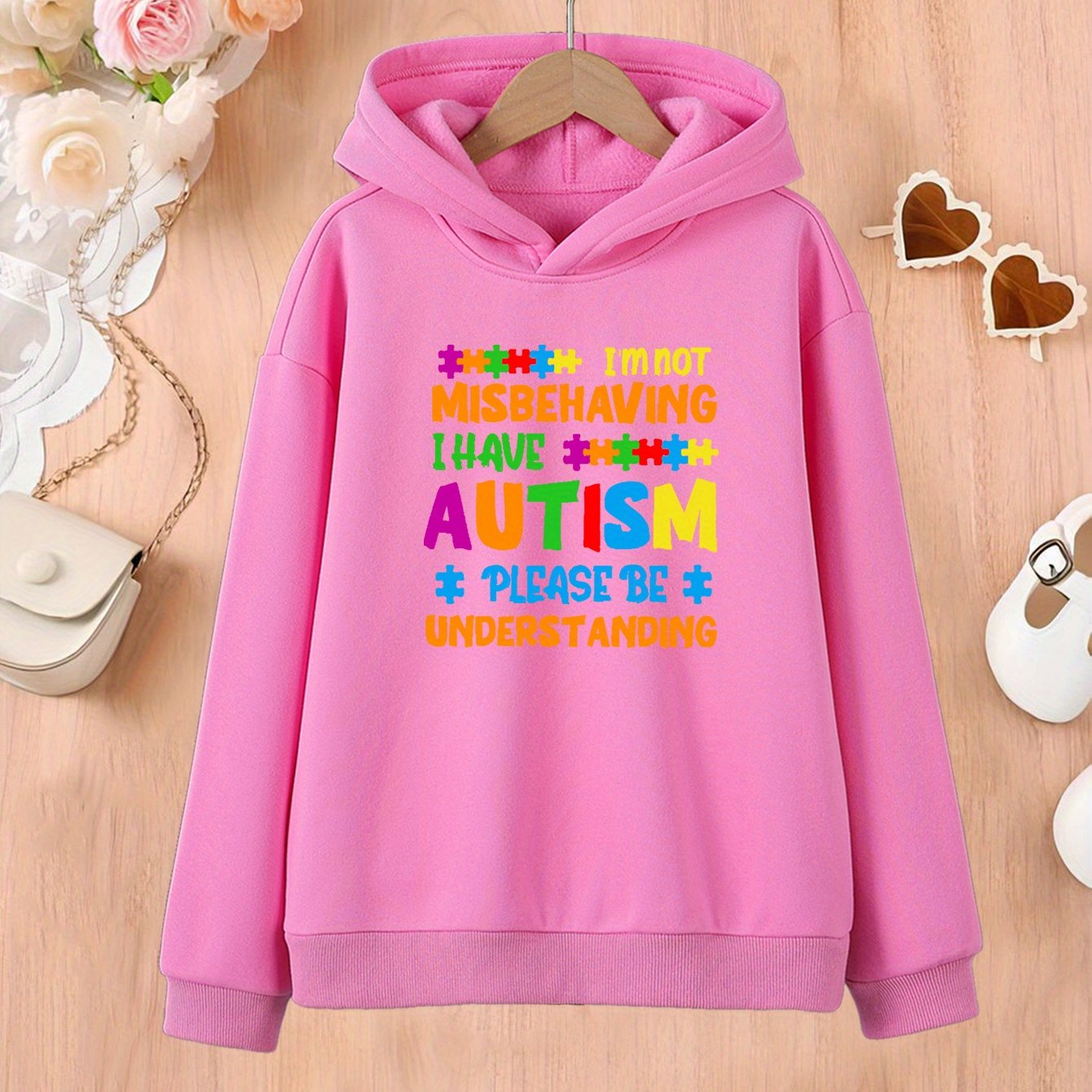 Kids' Fashion Hoodie with Autism Awareness Message, Polyester Knit Fabric, Casual Regular Fit, Hooded Style for Children 12 and Under, Comfortable Slight Stretch Material, Spring/Fall Season – Unisex Pullover with Creative