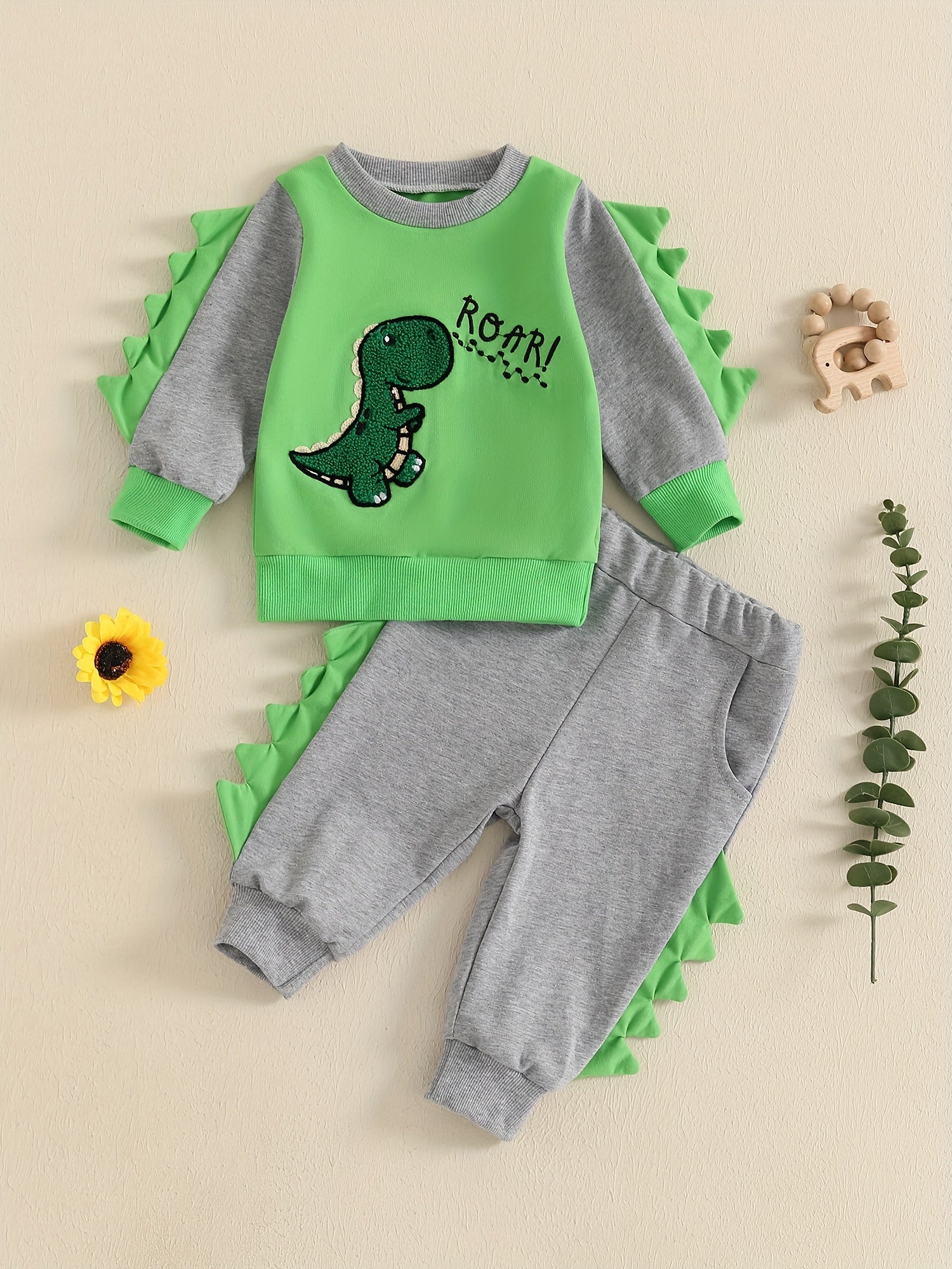 Toddler Boys Fall Outfits Dinosaur Letter Embroidery Long Sleeve Sweatshirts and Long Pants 2Pcs Clothes Set