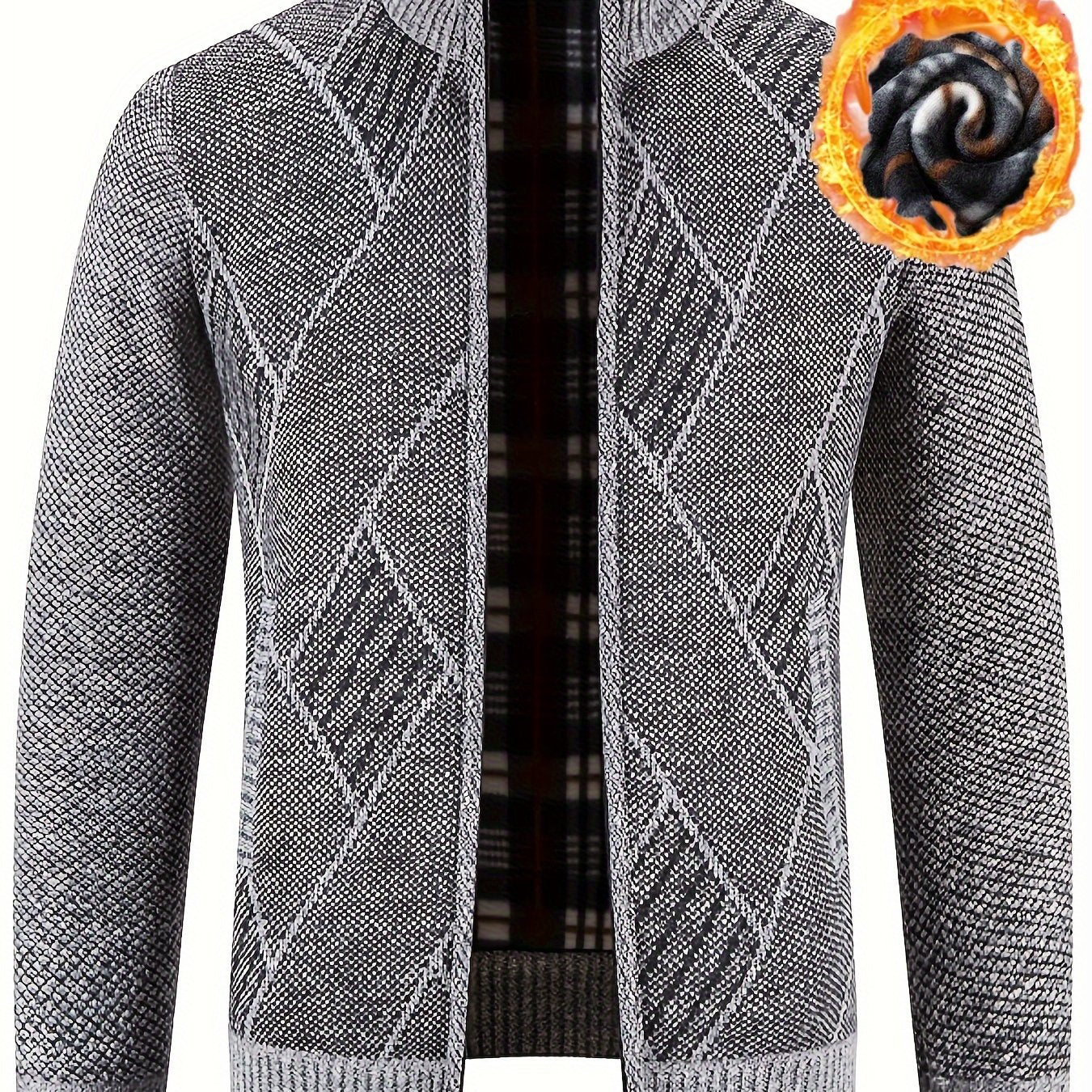 Mens Diamond Plaid Cardigan - Stylish Casual with Refined Stand Collar - Luxuriously Plush & Cozy Warm Knit Zip Up - Eye-Catching Design
