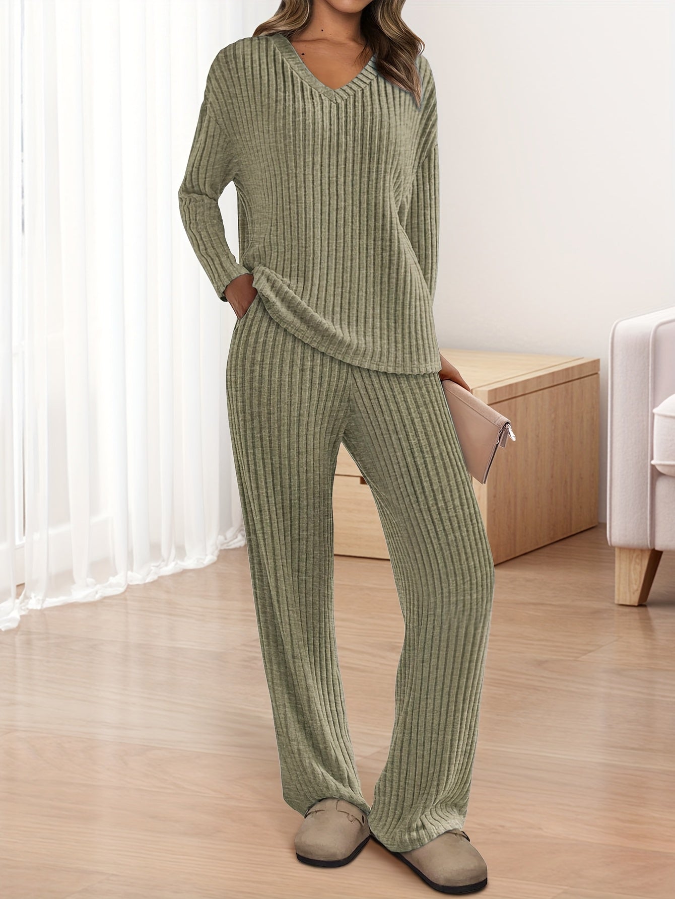 [Ribbed Knit Lounge Sets] 2pcs Ribbed Knit Lounge Sets - Women's Long Sleeve V Neck Pullover Tops Wide Leg Pants for Fall Winter Outfits