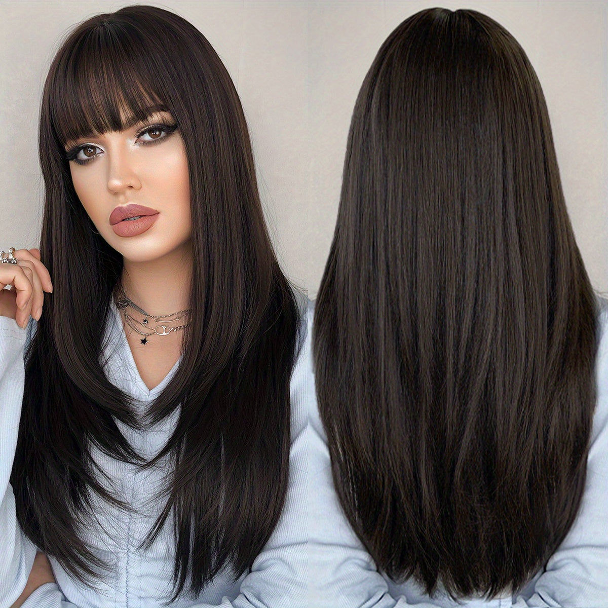 Long Straight Brown Wig For Women Daily Cosplay Use Natural Synthetic Layer Wigs With Bangs Heat Resistant High Quality