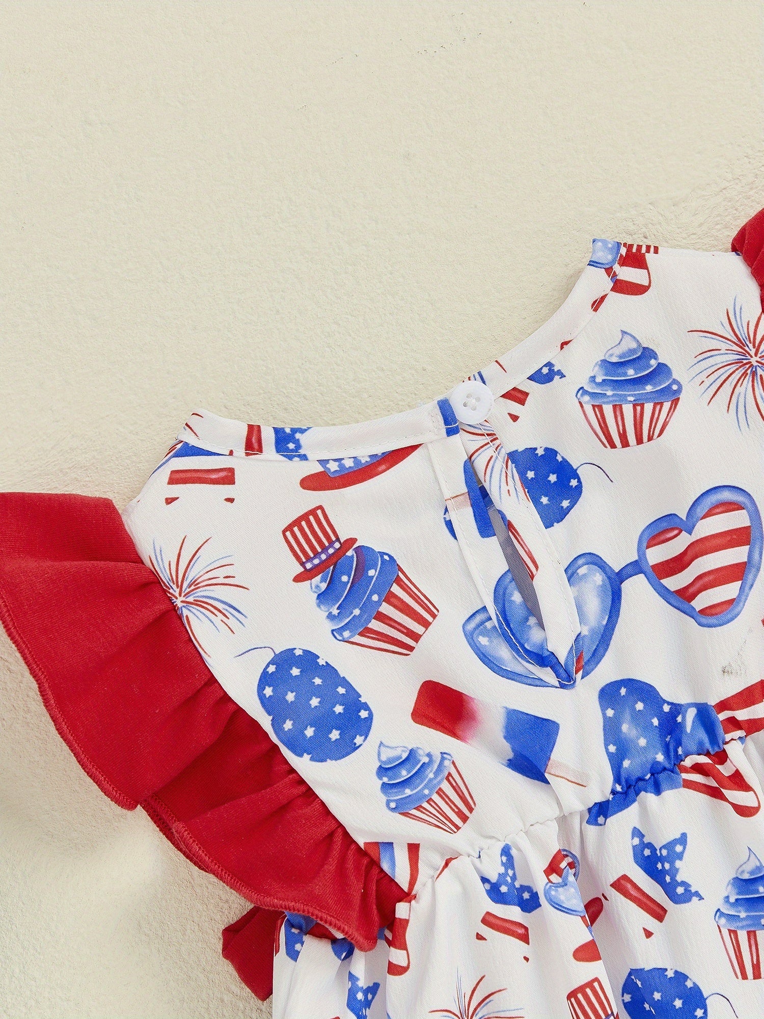 Baby Girls Patriotic Ice Cream Cake Print Romper - Red White Blue Stars & Stripes Design with Bow Detail, Fly Sleeve Summer Jumpsuit, Breathable Casual Outfit for Independence Day & Everyday Play, Holiday Wear | Playful Kids