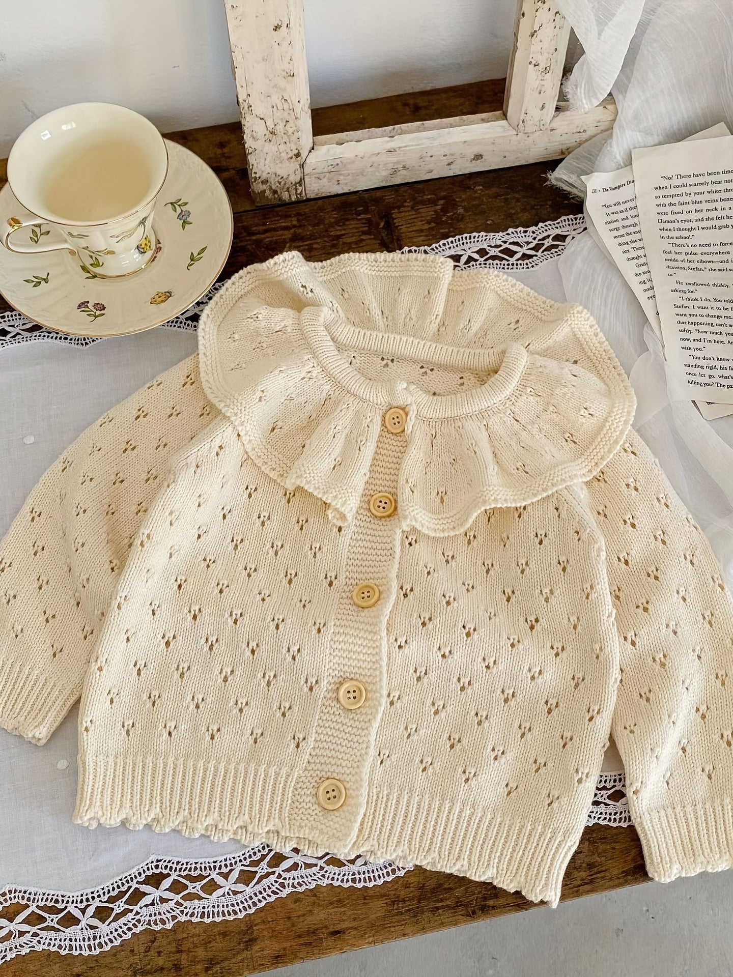 Girls' Jacquard Knit Ruffle Collar Button Long Sleeve Sweater Coat for Fall/Winter Outfits