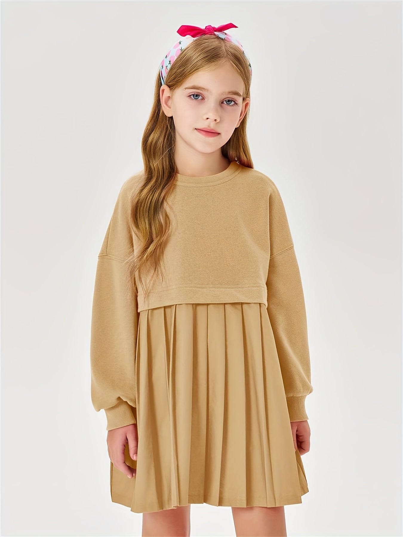 Girls Pleated Sweatshirt Dresses Kids Fashion Long Sleeve Crew Neck Mini Dress