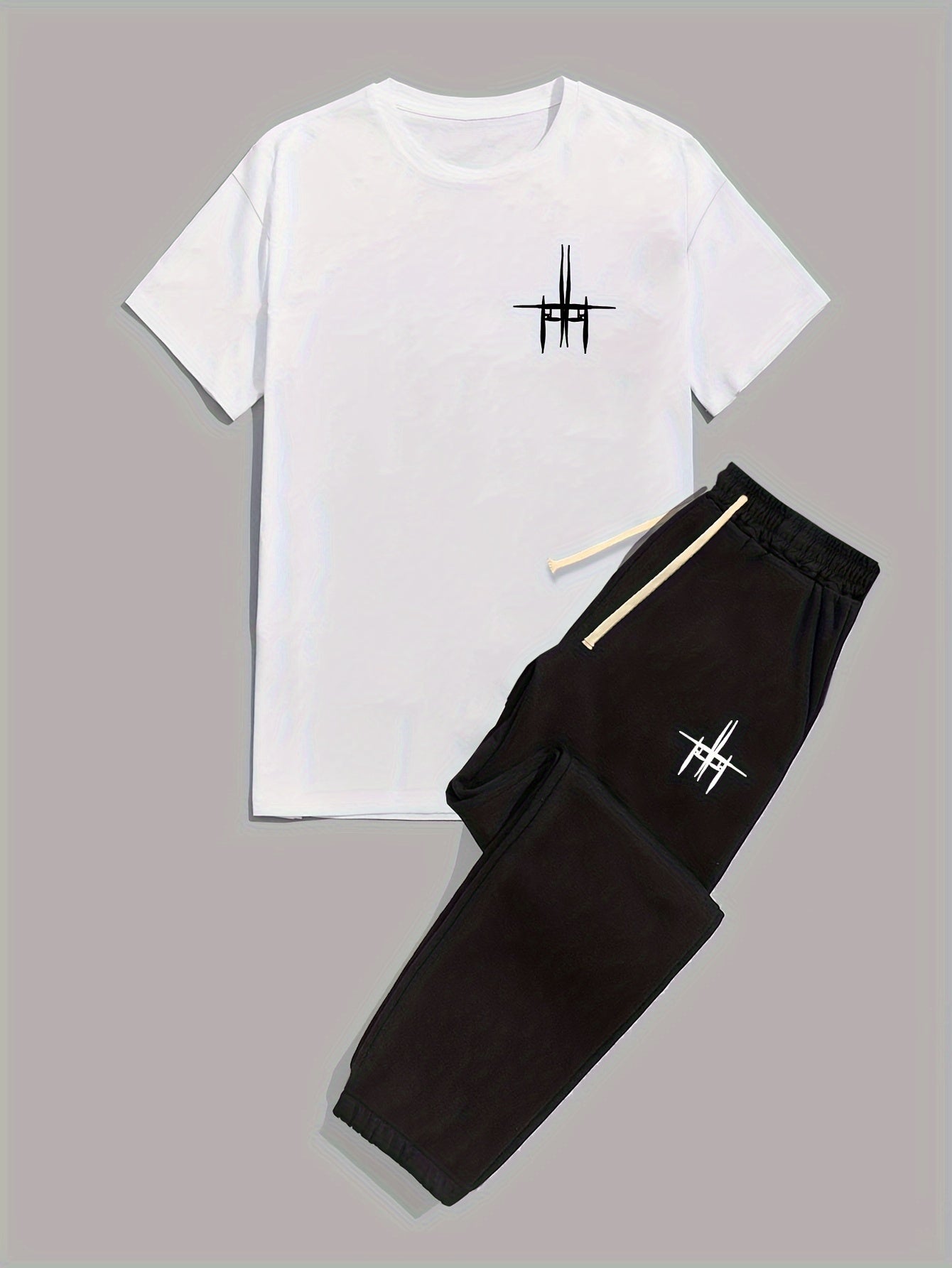 Mens 2 Piece Fashion Outfit Set - Bold Line Pattern Tee & Drawstring Sweatpants - Casual, Comfortable, and Stylish
