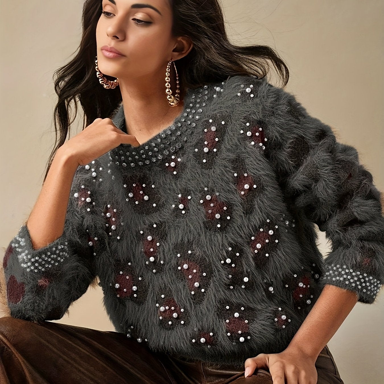 Women's Retro Leopard Print & Rhinestone Sweater - Soft Stretchy Pullover with Pearl Accents, Round Neck Long Sleeve Casual Winter Top for Fall & Winter Outfits