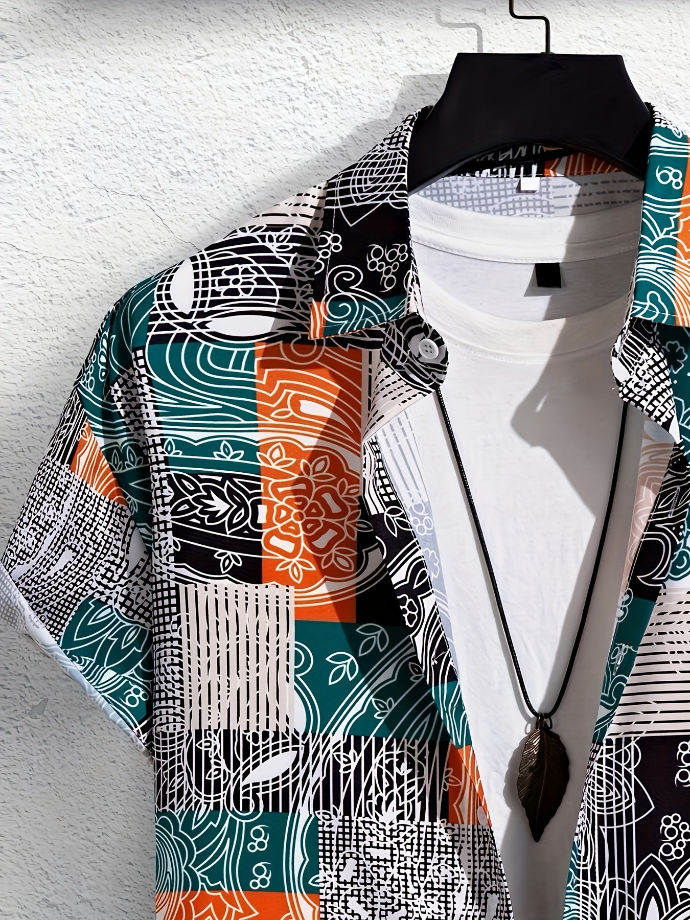 Plus Size Mens Summer Outfit - Stylish 2-Piece Ensemble with Unique Patchwork Print Graphic Short-Sleeve Shirt and Matching Shorts - Perfect for Hot Summer Days