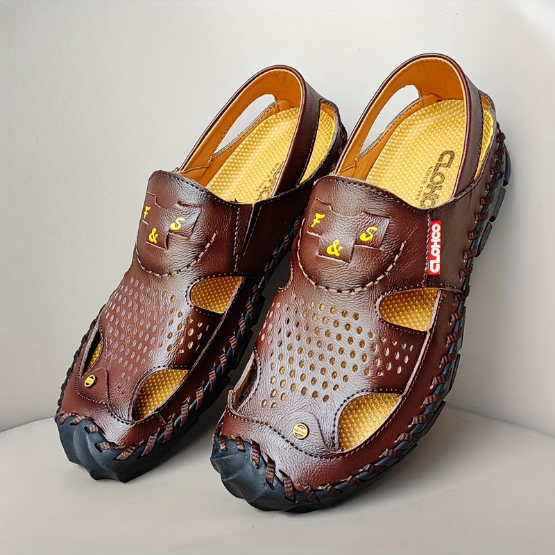 CLOHOO Mens Round Toe Sandals - Durable Handmade Stitching, Non-Slip Rubber Sole, Comfortable PU Insole, Breathable Fabric Lining, Second Layer Cowhide Upper, Slip-On Closure, Perfect for Indoor, Outdoor, Beach, Vacation, Spr