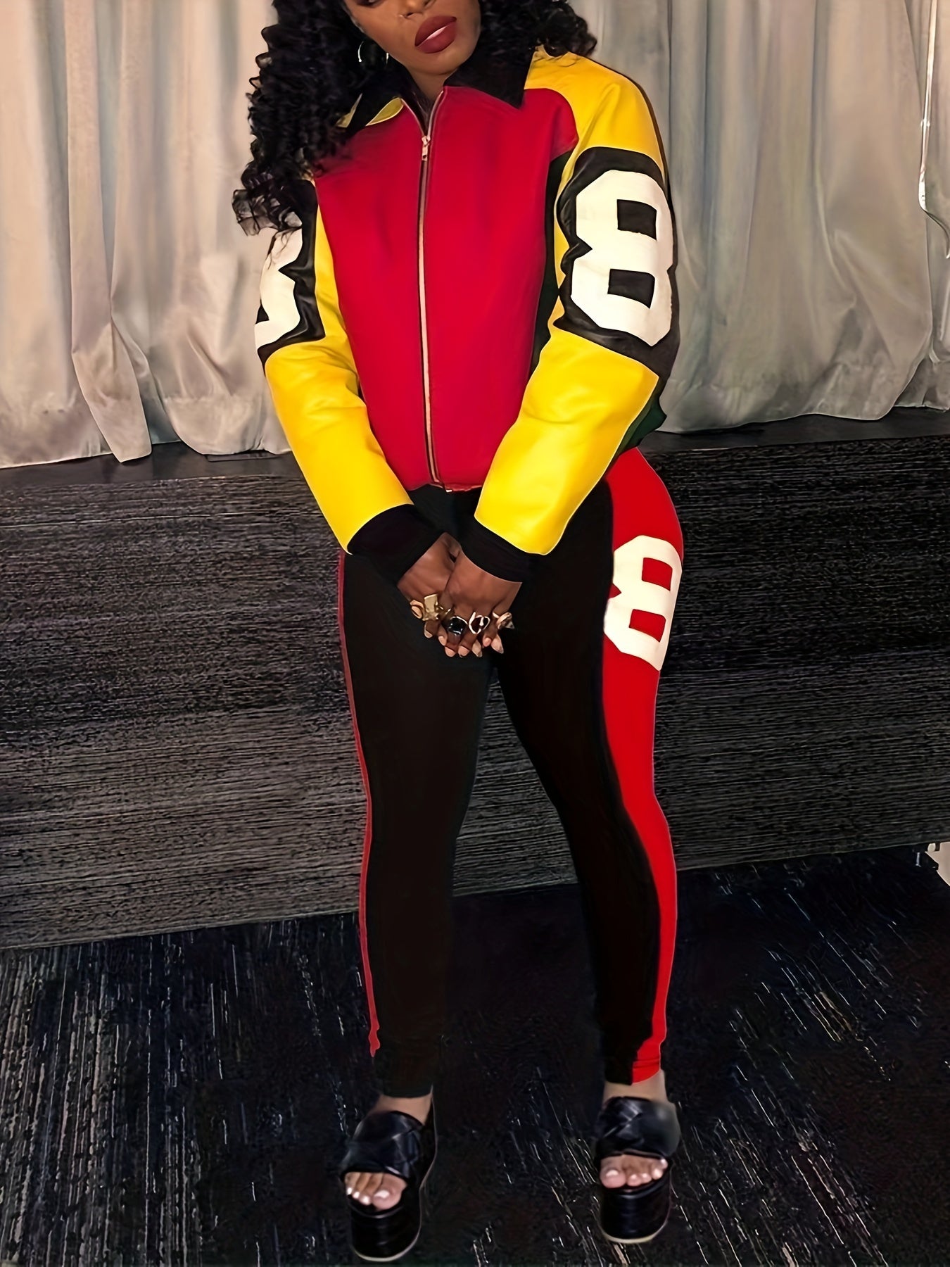 Two-piece Set, Color Block Casual Fall & Winter Outfits, Zip Up Jacket & Pants, Women's Clothing