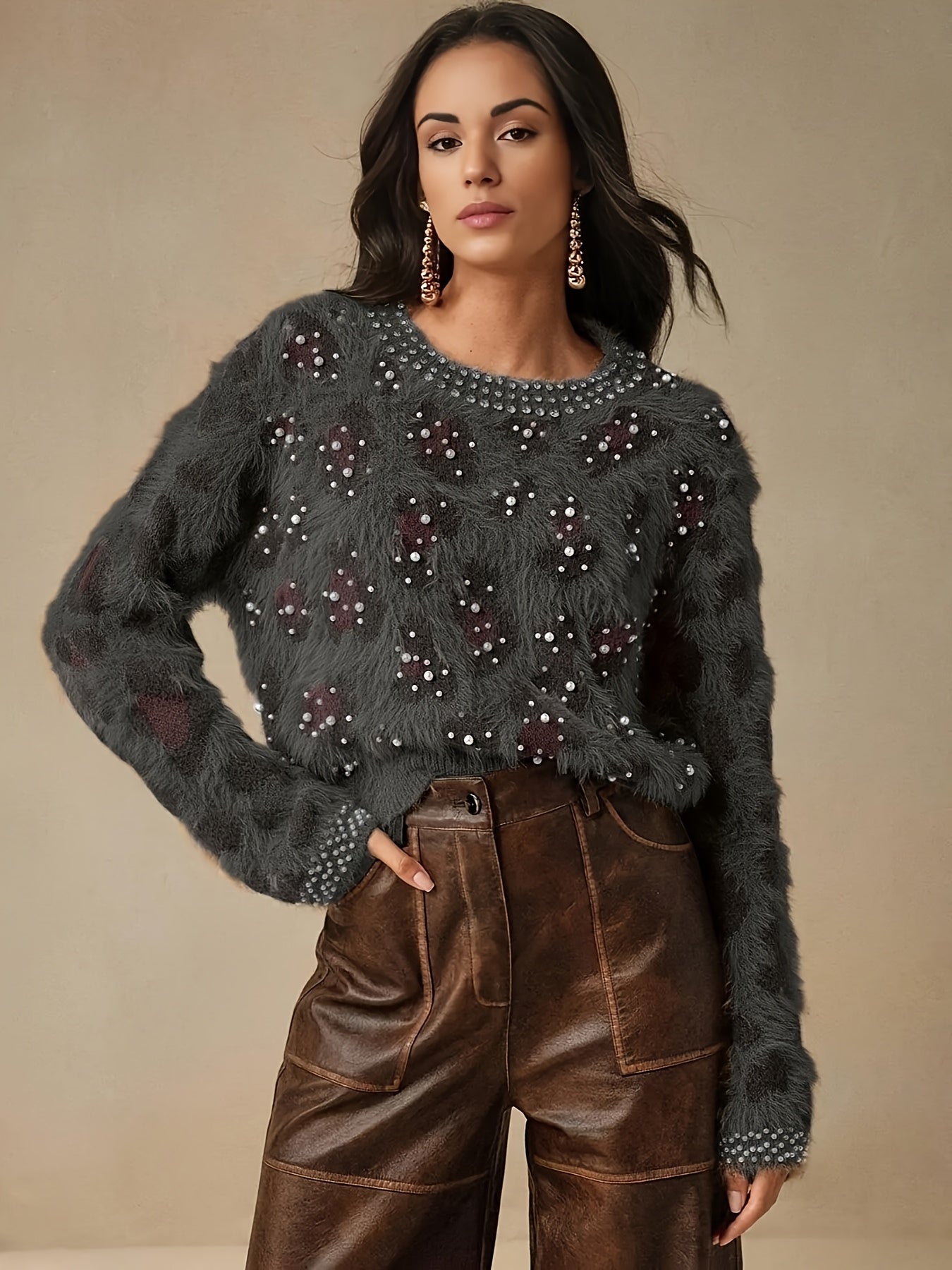 Women's Retro Leopard Print & Rhinestone Sweater - Soft Stretchy Pullover with Pearl Accents, Round Neck Long Sleeve Casual Winter Top for Fall & Winter Outfits