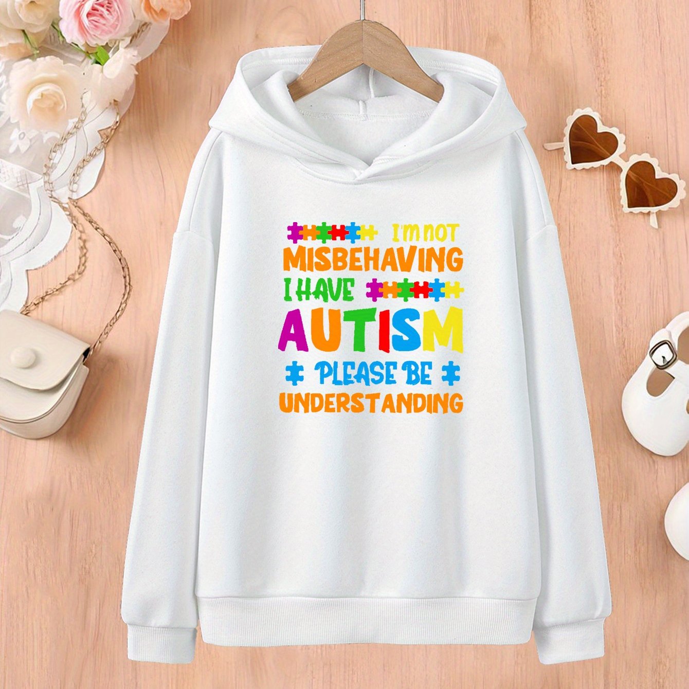 Kids' Fashion Hoodie with Autism Awareness Message, Polyester Knit Fabric, Casual Regular Fit, Hooded Style for Children 12 and Under, Comfortable Slight Stretch Material, Spring/Fall Season – Unisex Pullover with Creative