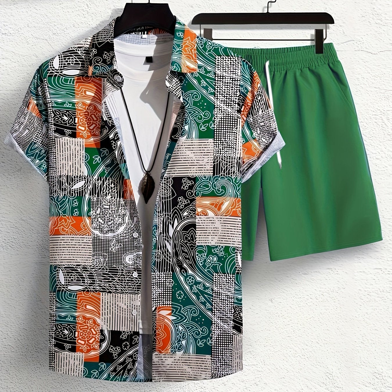 Plus Size Mens Summer Outfit - Stylish 2-Piece Ensemble with Unique Patchwork Print Graphic Short-Sleeve Shirt and Matching Shorts - Perfect for Hot Summer Days