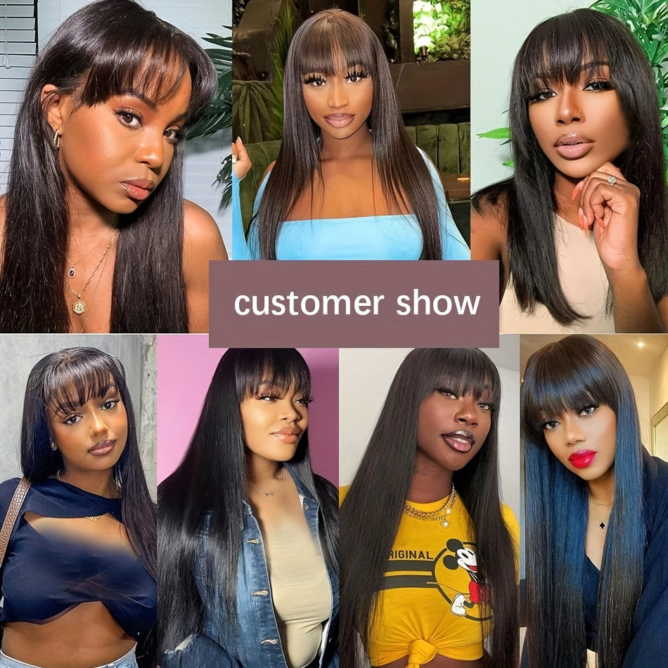 Wig With Bangs Straight Human Hair Wigs For Brazilian Women 200% Density Natural Color Full Machine Made Wigs Glueless Wig 100% Human Hair