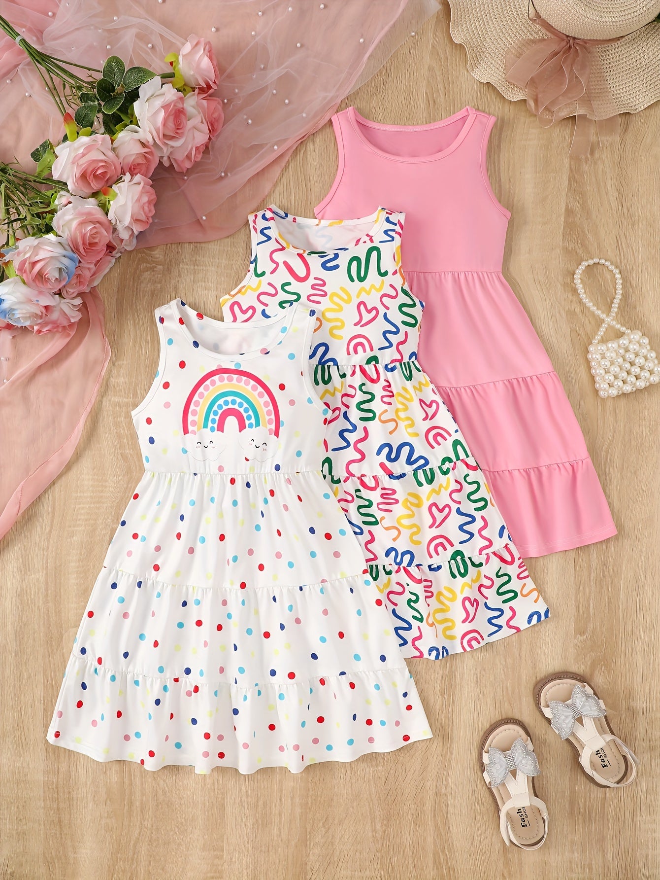 [Girls Sleeveless Dresses] 3pcs Girls' Sleeveless Dresses - Vibrant Rainbow & Candy Pattern, Yellow Tiered Ruffle Dress, Purple Polka Dot with Rainbow & Clouds Design - Perfect for Summer, Parties, and Casual Outings, Party D
