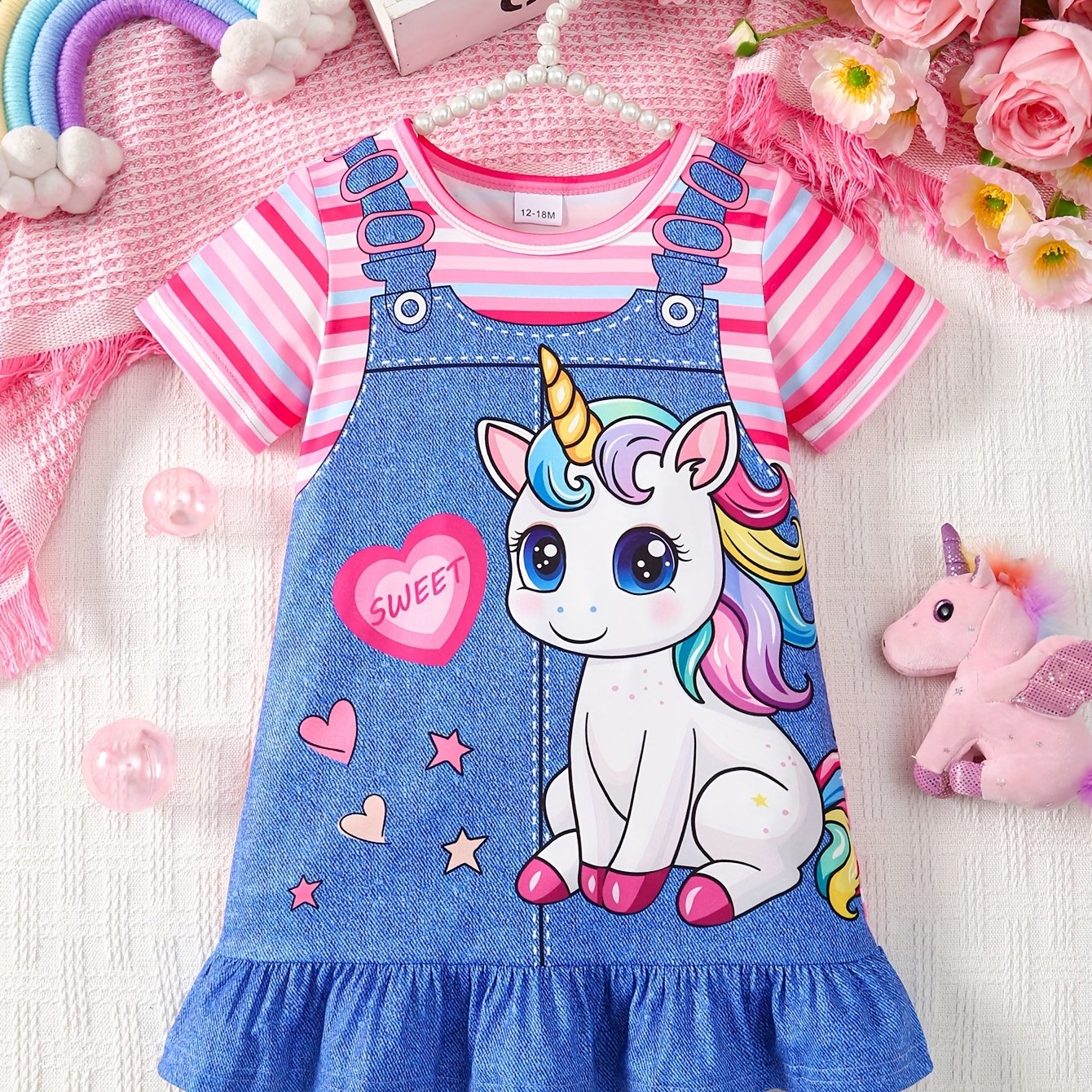 Baby Girl's Summer Casual Dress - Adorable Unicorn & Heart Print with Striped Sleeves, Imitation Denim Shoulder Straps, Flared Ruffled Hem, Machine-Washable Lightweight Playwear, Little Girl Clothes, Easy Dress Kids, Playful