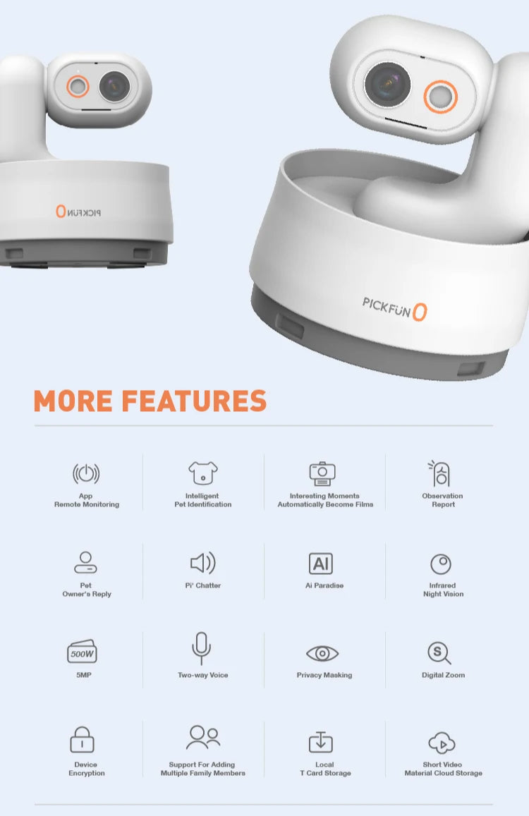 Pickfun Pet AI Monitoring Camera | WiFi monitoring, remote viewing, voice chat, pet behavior detection, smart home security