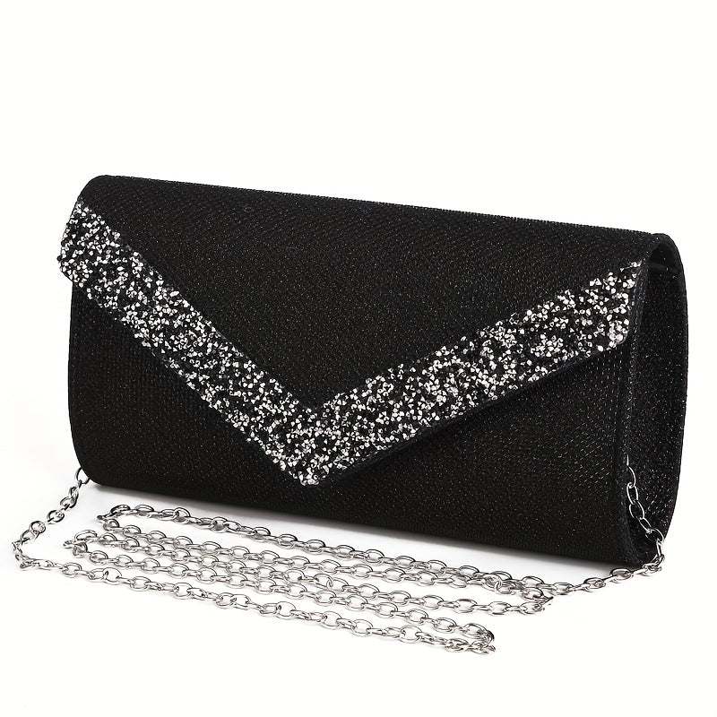 Glitter Women Envelope Evening Bag Mini Long Purse Ladies Silvery Day Clutch Wedding Party Handbag Shoulder Bags with Chain --A