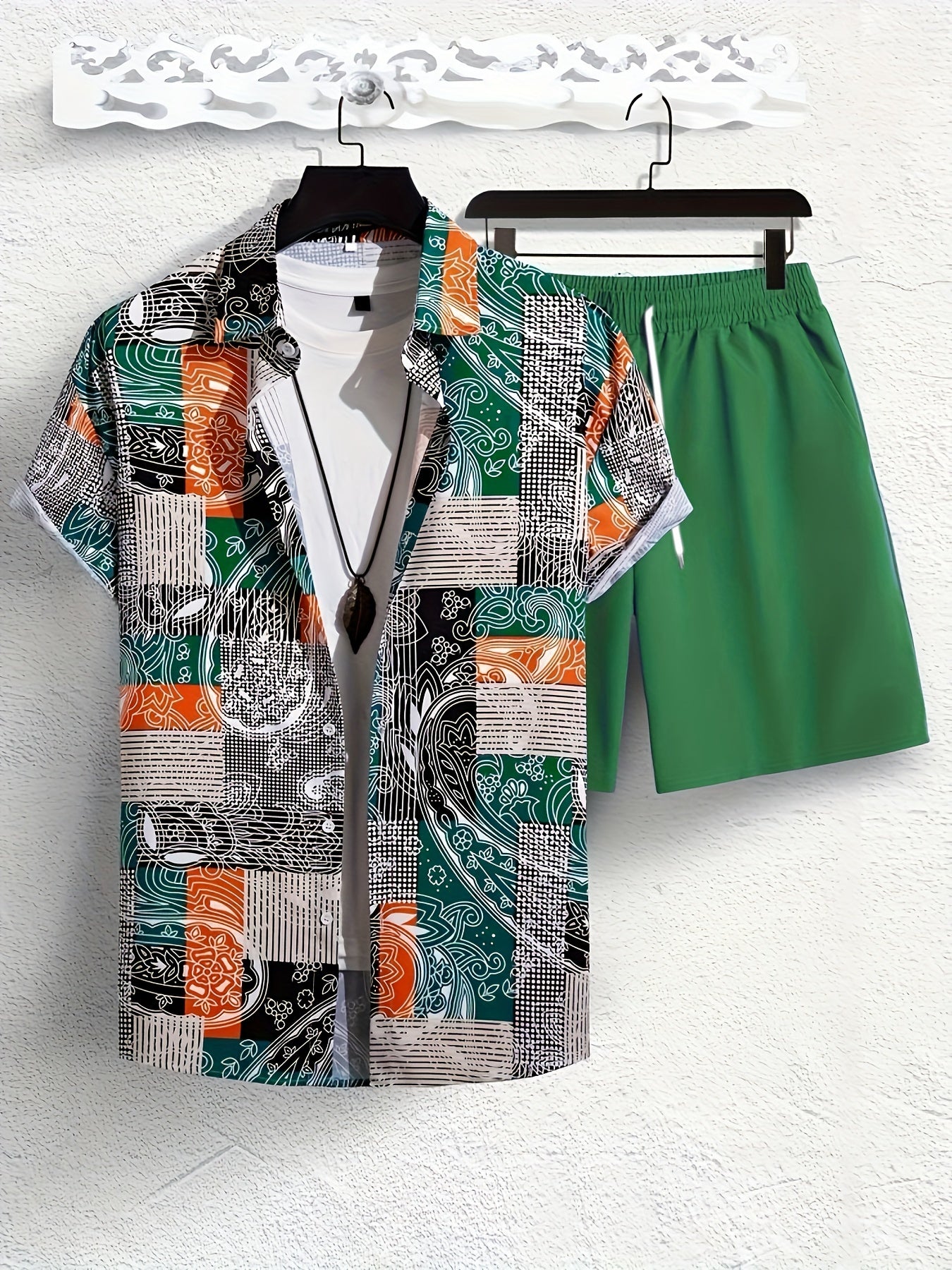 Plus Size Mens Summer Outfit - Stylish 2-Piece Ensemble with Unique Patchwork Print Graphic Short-Sleeve Shirt and Matching Shorts - Perfect for Hot Summer Days