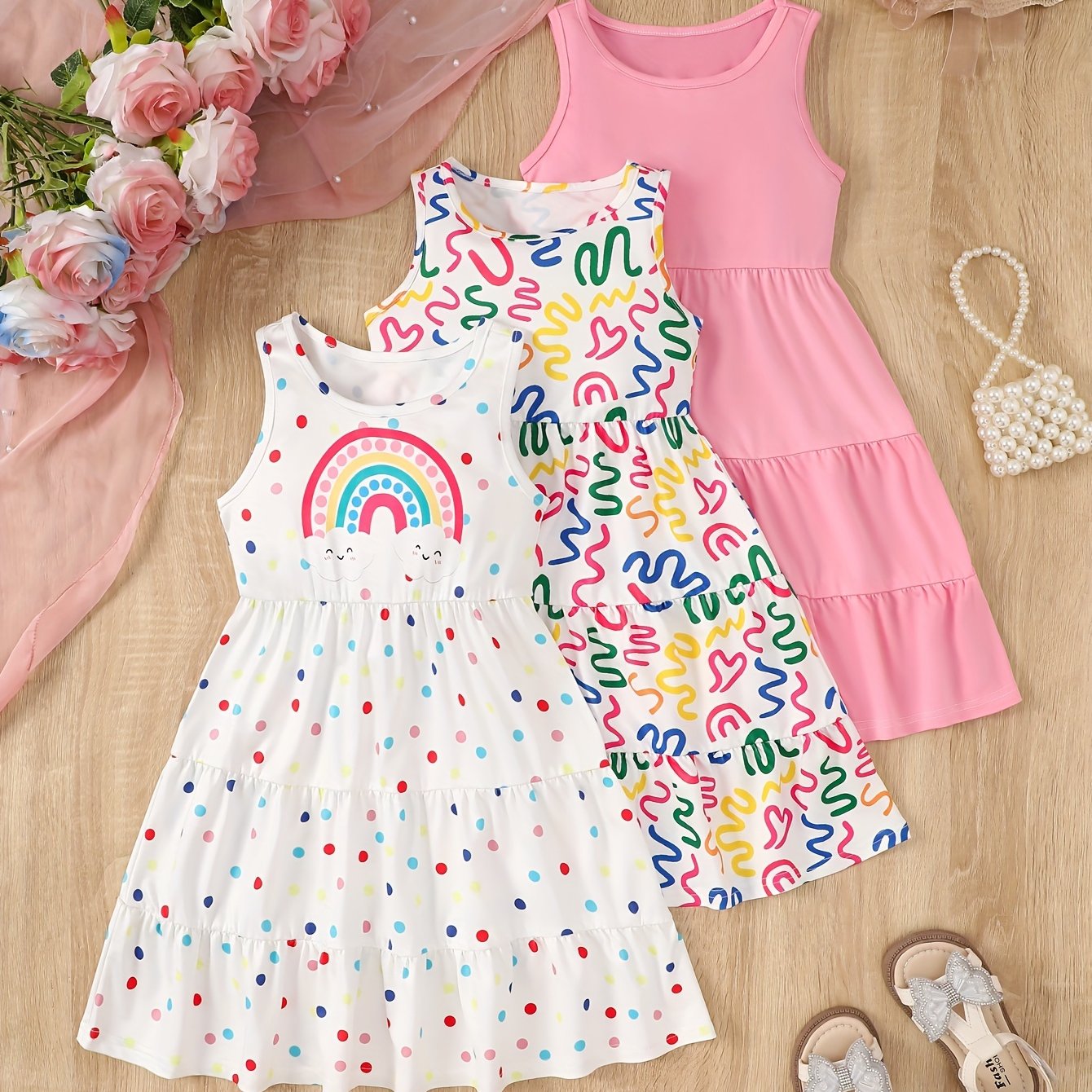 [Girls Sleeveless Dresses] 3pcs Girls' Sleeveless Dresses - Vibrant Rainbow & Candy Pattern, Yellow Tiered Ruffle Dress, Purple Polka Dot with Rainbow & Clouds Design - Perfect for Summer, Parties, and Casual Outings, Party D
