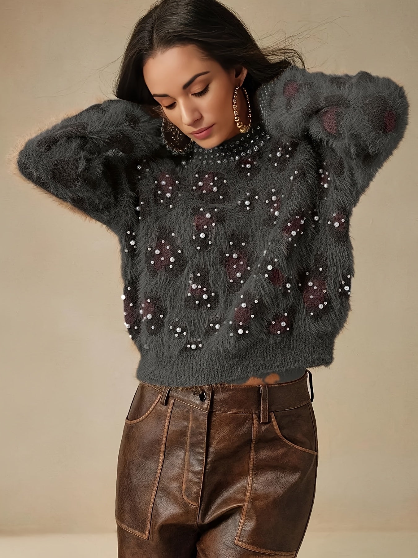 Women's Retro Leopard Print & Rhinestone Sweater - Soft Stretchy Pullover with Pearl Accents, Round Neck Long Sleeve Casual Winter Top for Fall & Winter Outfits