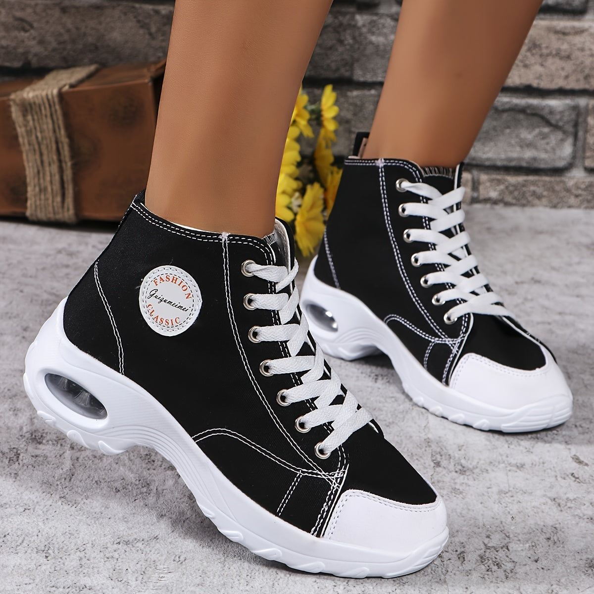 [Bold Style] Women's Fashionable High-Top Walking Shoes with Air Cushion - Lightweight, Thick Sole for Height Boost, Lace-Up, Comfortable Fabric Interior, All-Season Casual Footwear, Versatile Women's Shoes|Trendy Thick Sole|