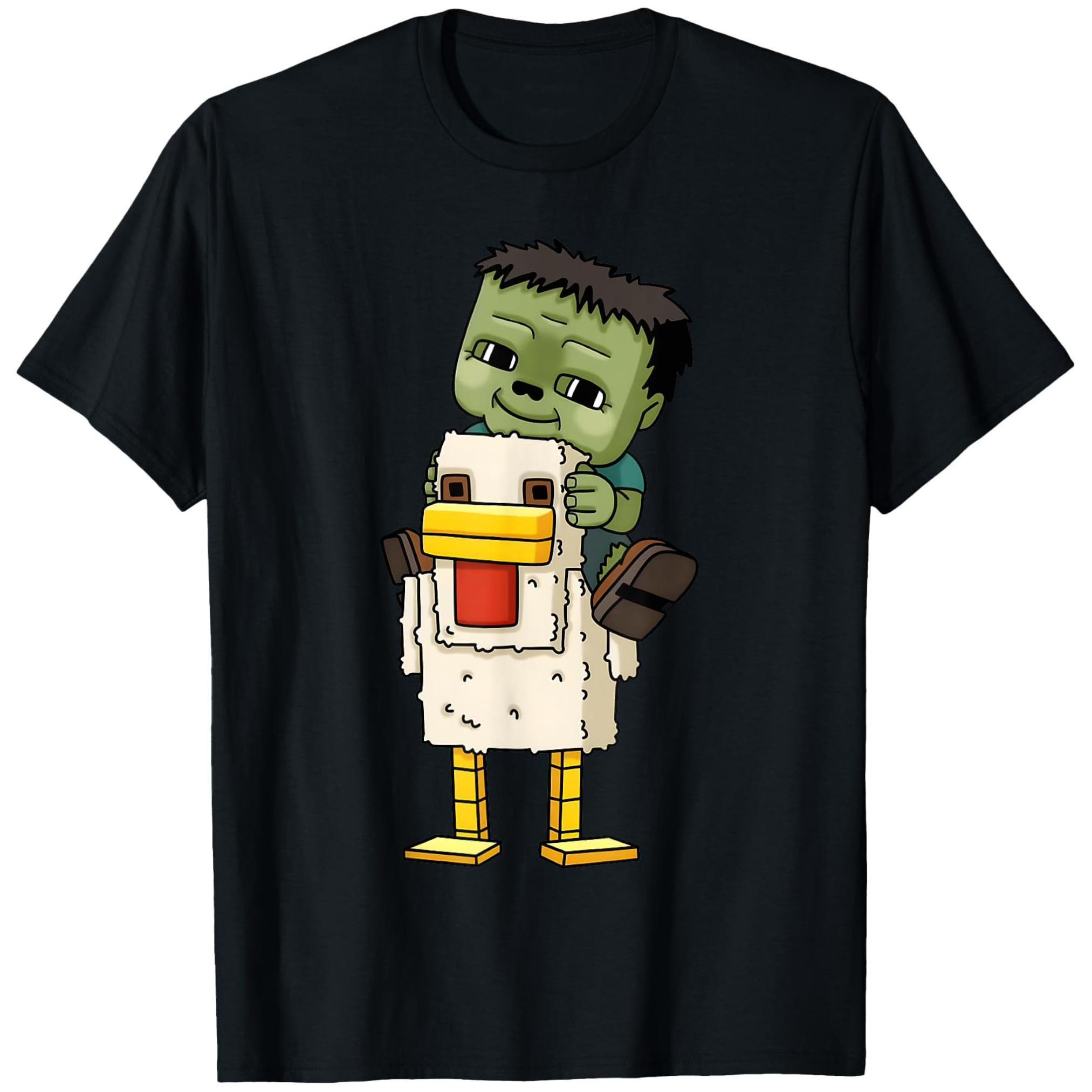 Kids' Zombie Chicken Racing Driver Pixel Art Graphic T-Shirt - Black Cotton Short Sleeve Tee with Vibrant Geometric Design, Machine Washable, Regular Fit for Boys & Girls Ages 5-14, Birthday & Outdoor Gift, Casual Children's