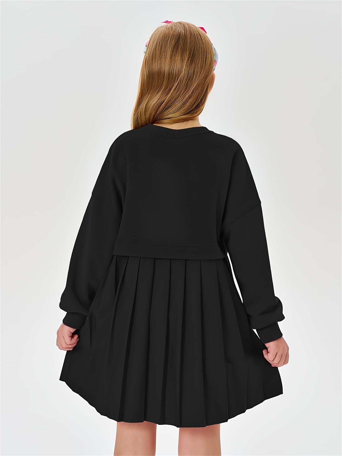 Girls Pleated Sweatshirt Dresses Kids Fashion Long Sleeve Crew Neck Mini Dress