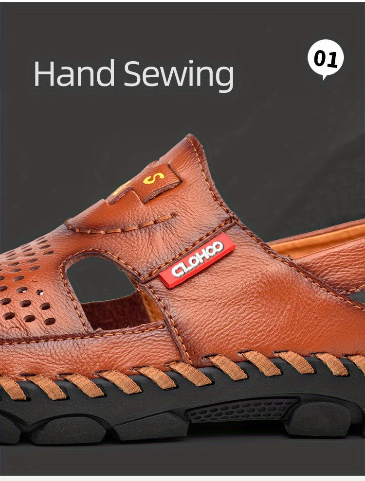 CLOHOO Mens Round Toe Sandals - Durable Handmade Stitching, Non-Slip Rubber Sole, Comfortable PU Insole, Breathable Fabric Lining, Second Layer Cowhide Upper, Slip-On Closure, Perfect for Indoor, Outdoor, Beach, Vacation, Spr