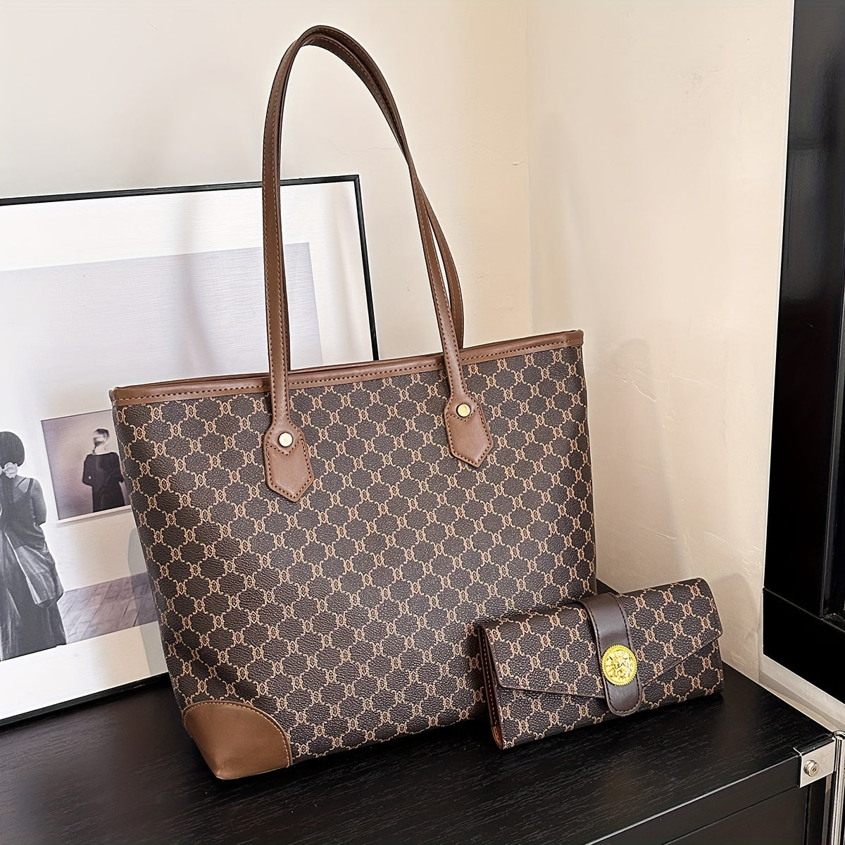 Classic Elegant Tote Shoulder Bag With Long Purse, Elegant Textured Women's Bags, New Year & Valentine's Day Gift