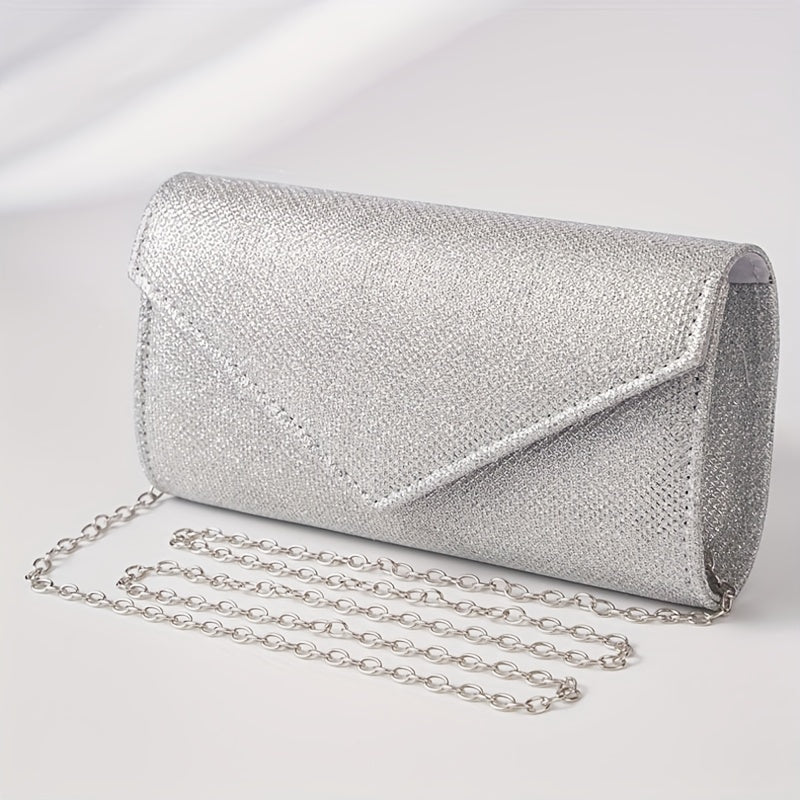 Glitter Women Envelope Evening Bag Mini Long Purse Ladies Silvery Day Clutch Wedding Party Handbag Shoulder Bags with Chain --A
