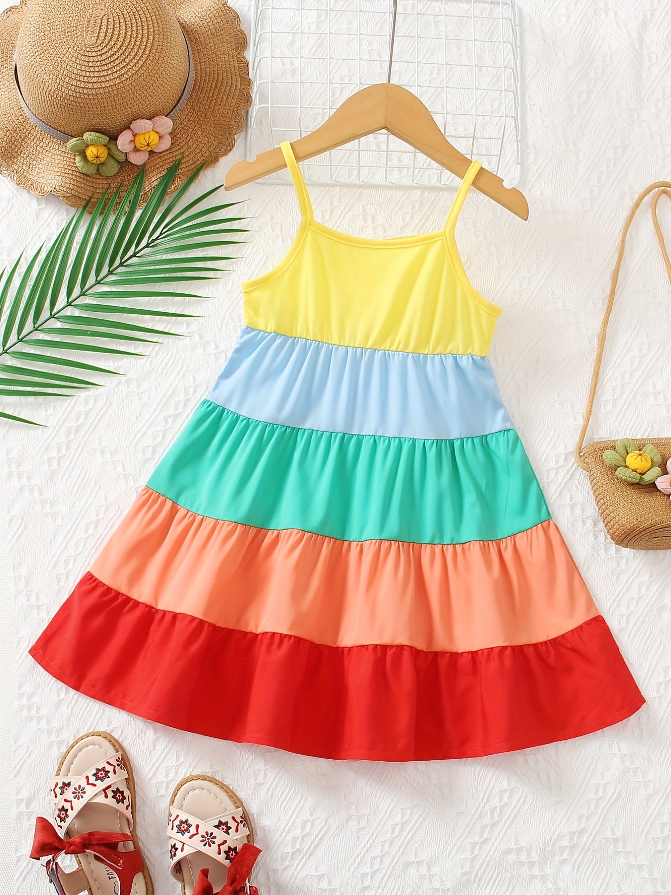 Girls Casual Rainbow Thin Strap Dress Clothes For Summer
